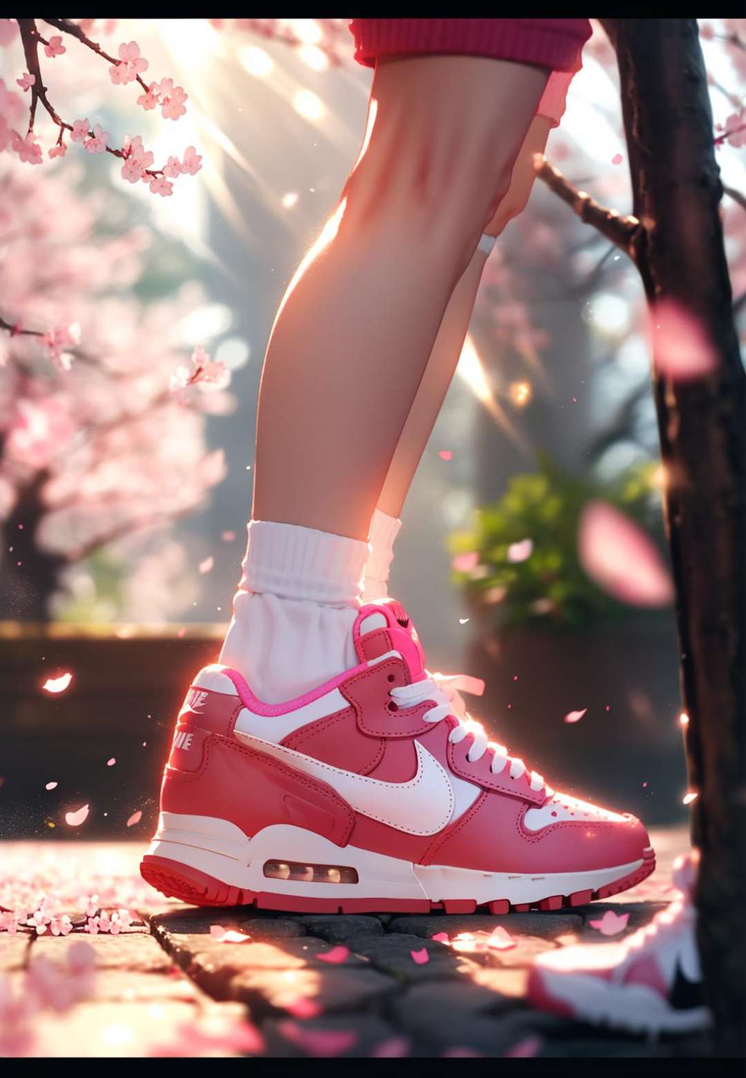 <lora:Nijicool:0.6>,niji,shoes, nike, solo, socks, blurry, sneakers, 1girl, depth of field, letterboxed, petals, white socks, close-up, red footwear, zipper, light particles, pink footwear, blurry background, sunlight, shadow, pink theme, cherry blossoms, <lora:neg4all_bdsqlsz_V3.5:1>