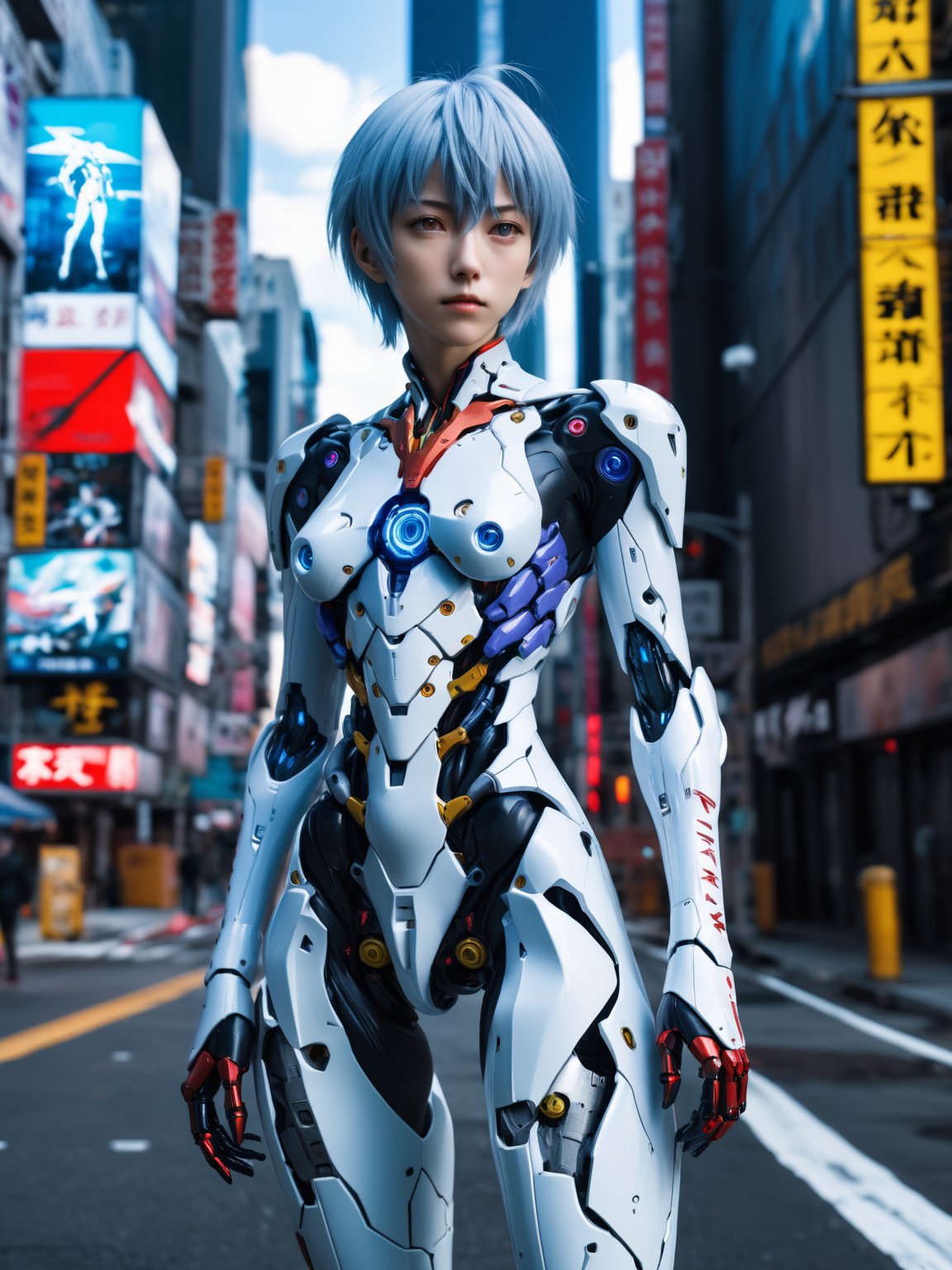 ultra highly intricate detailed 8k, UHD, professional photo, world's most beautiful cyborg ayanami rei in evangelion, street fashion model, cyberpunk 2077, new york street, natural light