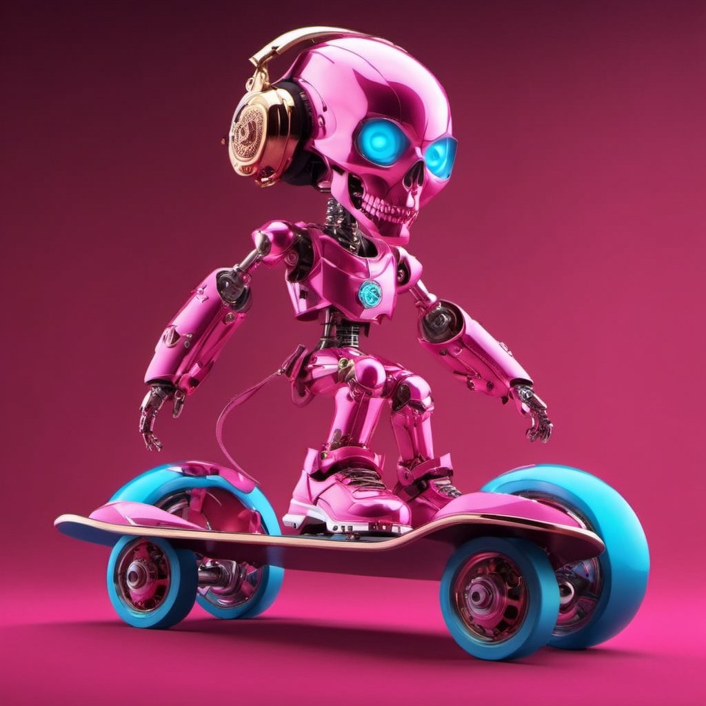  (a Detailed Hip Hop pink Robot woman skateboarding down the street in a fantasy world,Skull Head, blue eyes)