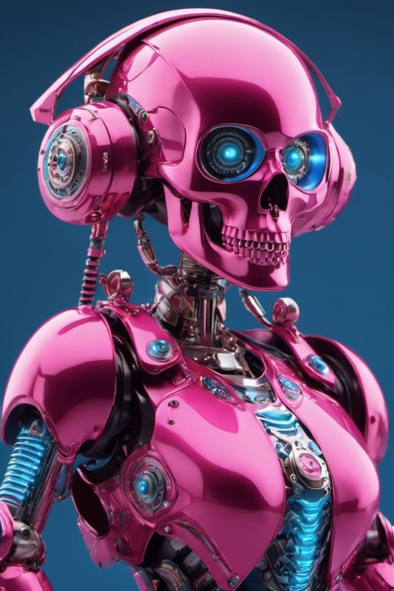  (a Detailed Hip Hop pink Robot woman rollerskates down the street in a fantasy world,Skull Head, blue eyes, Detailed robotic rollerskates)