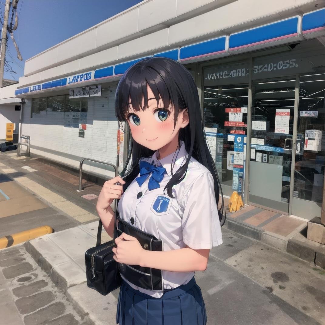 best quality, ultra-detailed, illustration,lawson, konbini, scenery, storefront, outdoors, sky, shop, blue sky, road, building, day, sign, real world location, street, 1girl, black hair, long hair, school uniform, happy, shy smile, smile,  <lora:LAWSON_JAPAN_SD15_V1:1>