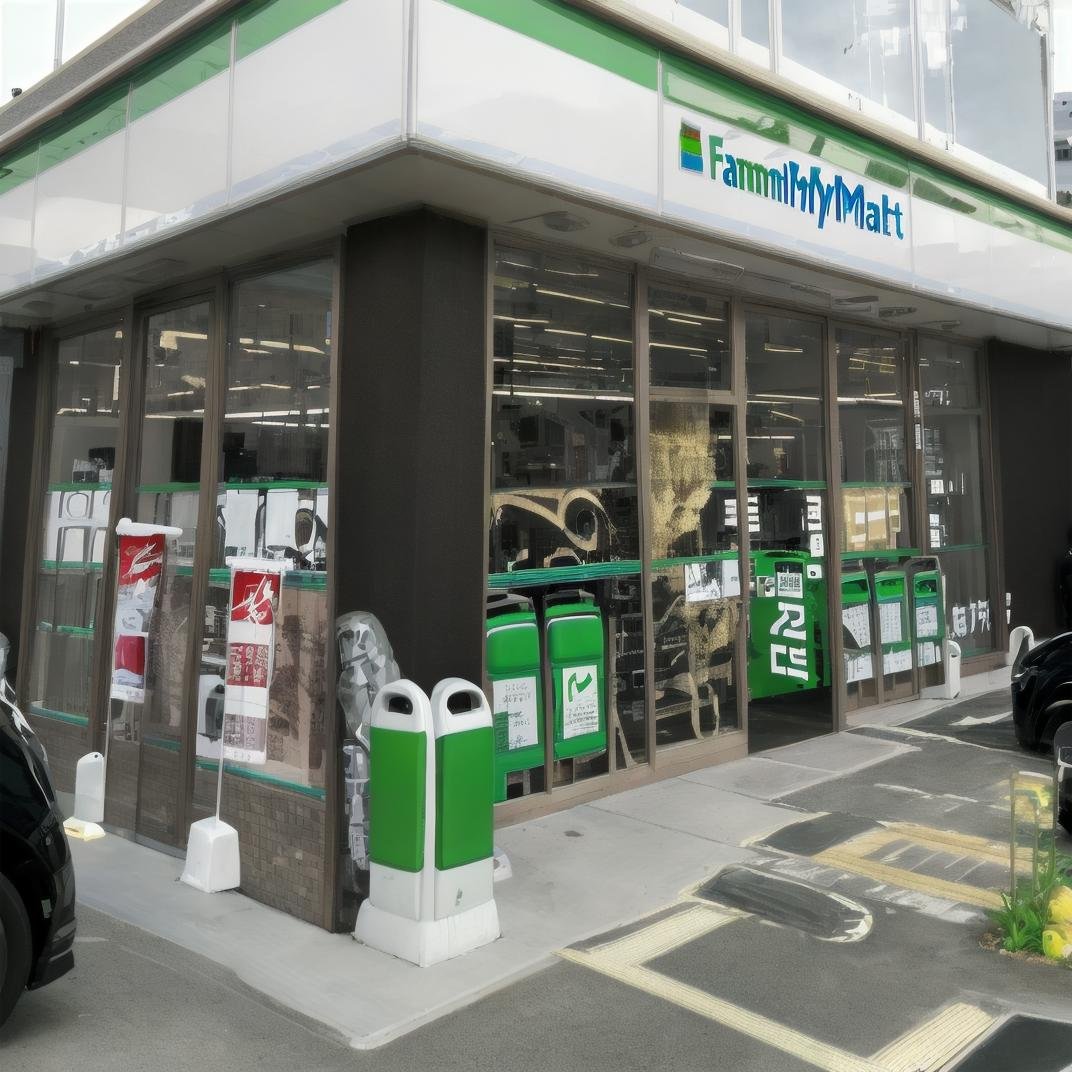 best quality, ultra-detailed, illustration,famima, konbini, scenery, storefront, scenery, ground vehicle, convenience store, building, shop, motor vehicle, real world location, city, road, outdoors, car, sign, cityscape, street, japan <lora:Famima_JAPAN_SD15_V1:1>