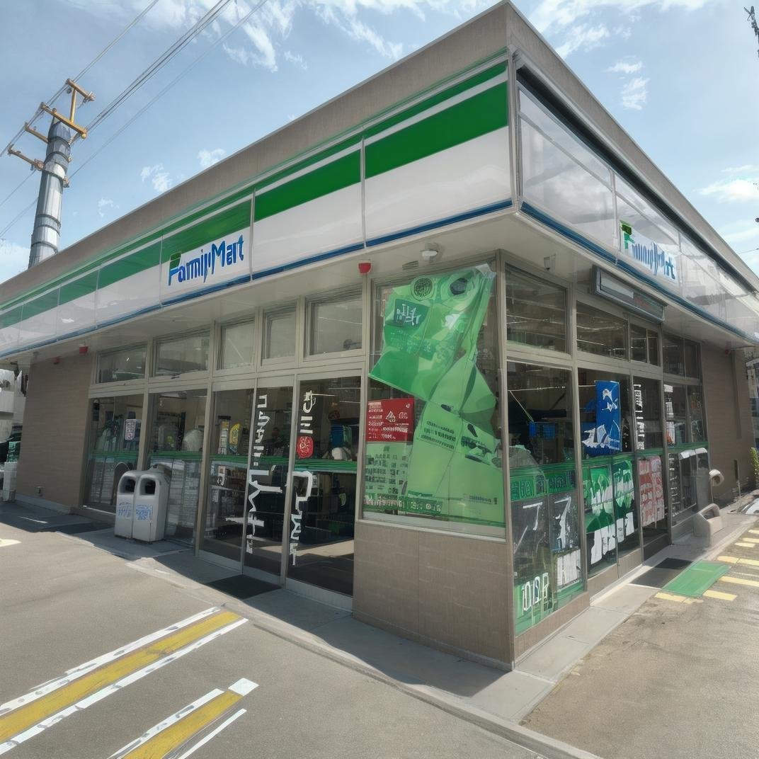 best quality, ultra-detailed, illustration,famima, konbini, scenery, storefront, convenience store, outdoors, shop, scenery, sky, cloud, day, road, blue sky, ground vehicle, power lines, utility pole, real world location, sign, building, street, japan <lora:Famima_JAPAN_SD15_V1:1>