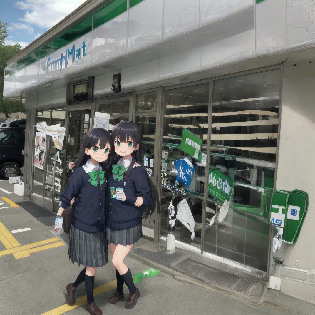 best quality, ultra-detailed, illustration,famima, konbini, scenery, storefront, bicycle, shop, convenience store, sky, ground vehicle, scenery, outdoors, cloud, blue sky, day, road, motor vehicle, building, street, tree, power lines, utility pole, sign, storefront, japan,1girl, black hair, long hair, school uniform, happy, shy smile, smile,  <lora:Famima_JAPAN_SD15_V1:1>