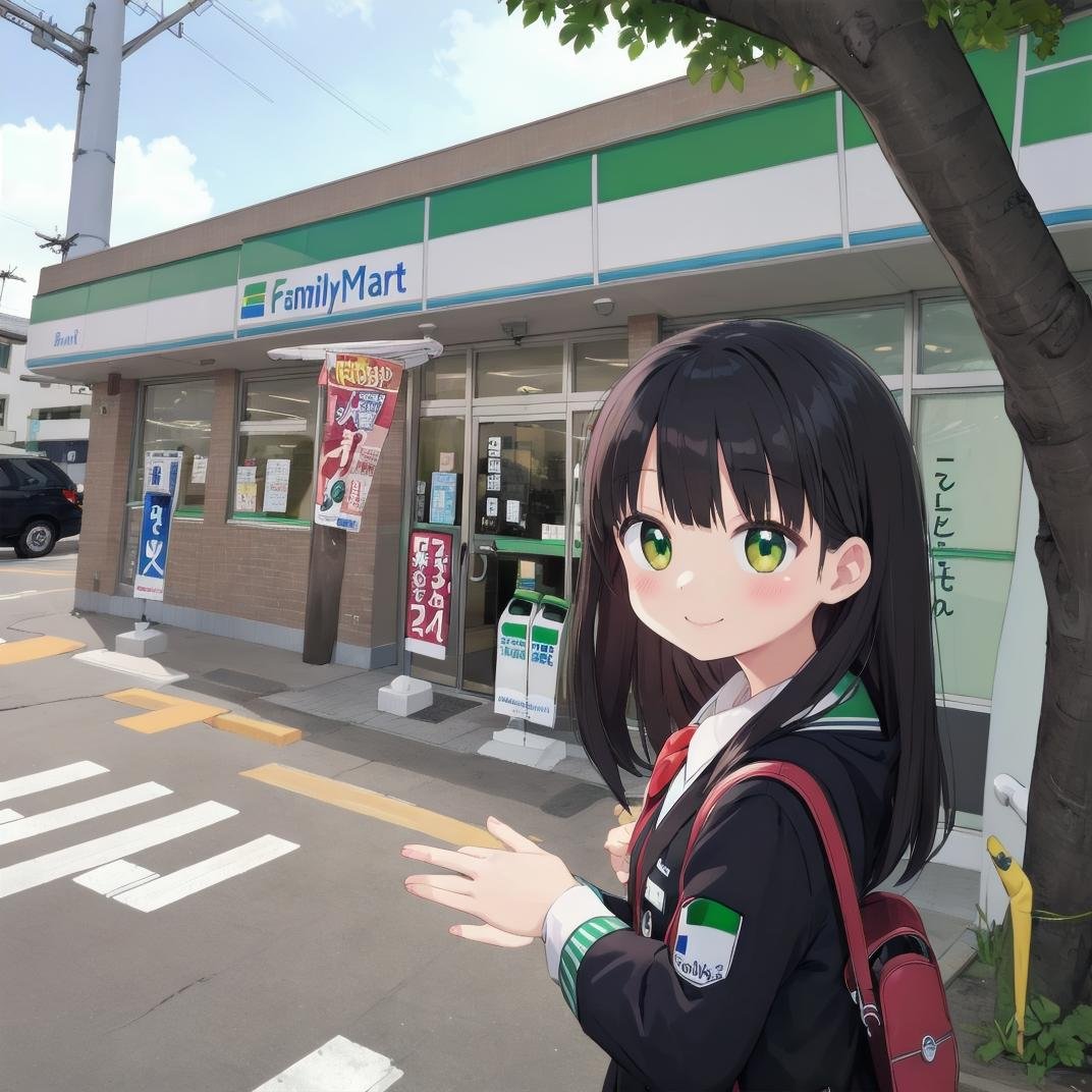 best quality, ultra-detailed, illustration,1girl, black hair, long hair, school uniform, happy, shy smile, upper body, looking at viewer,  solo focus, famima, konbini, storefront, outdoors, sky, convenience store, road, shop, blue sky, day, real world location, street, building, tree, cloud, power lines, sign, utility pole, japan<lora:Famima_JAPAN_SD15_V1:0.8>