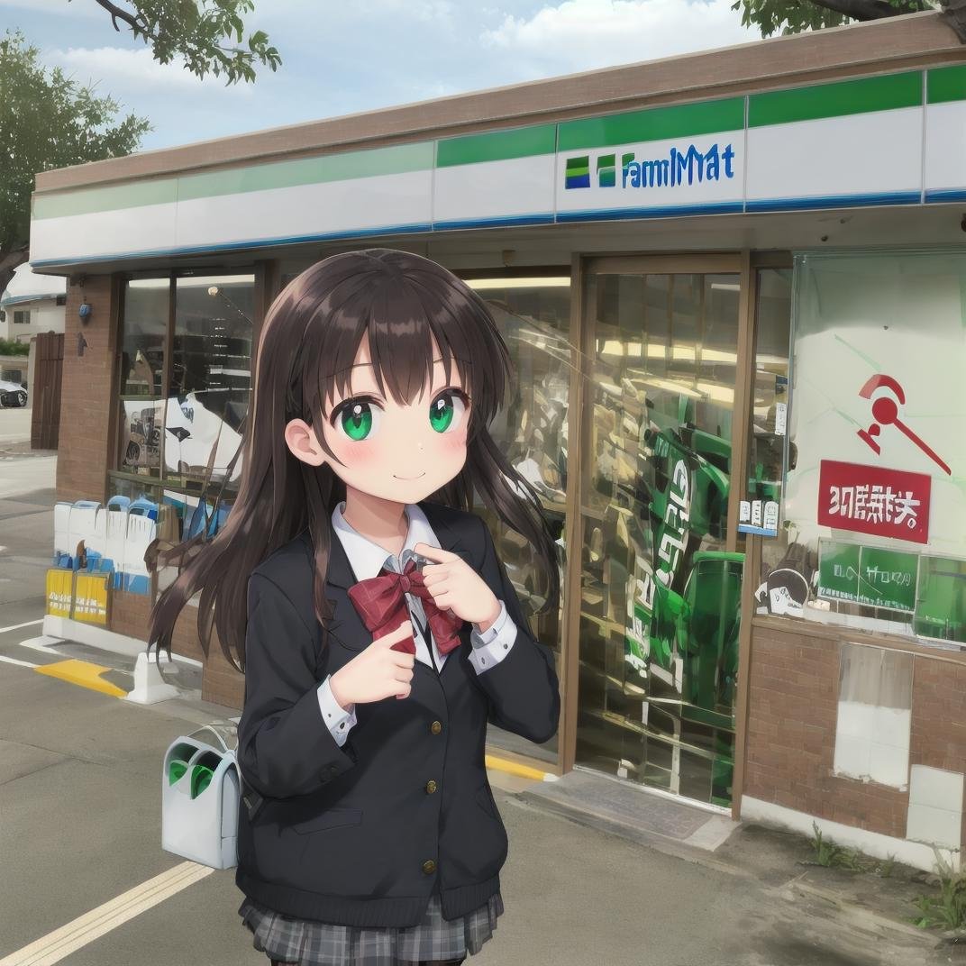 best quality, ultra-detailed, illustration,famima, konbini, scenery, storefront, bicycle, shop, convenience store, sky, ground vehicle, scenery, outdoors, cloud, blue sky, day, road, motor vehicle, building, street, tree, power lines, utility pole, sign, storefront, japan,1girl, black hair, long hair, school uniform, happy, shy smile, smile,  <lora:Famima_JAPAN_SD15_V1:1>