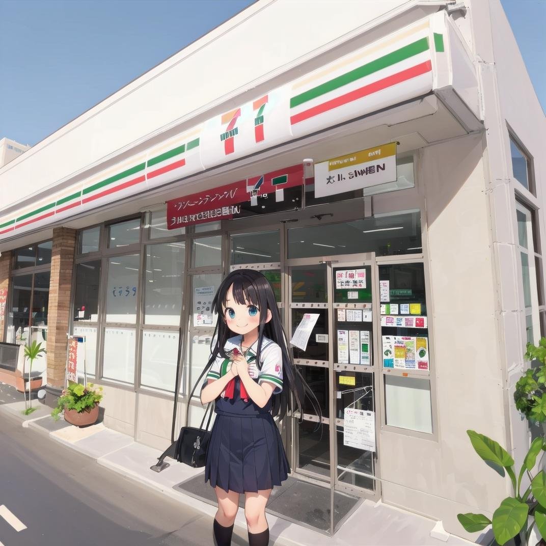 best quality, ultra-detailed, illustration,1girl, black hair, long hair, school uniform, happy, shy smile, seveneleven, konbini, scenery, storefront, japan, shop, scenery, outdoors, convenience store, sky, plant, sign, building, storefront, day, real world location, blue sky<lora:7-Eleven_JAPAN_SD15_V1:0.8>