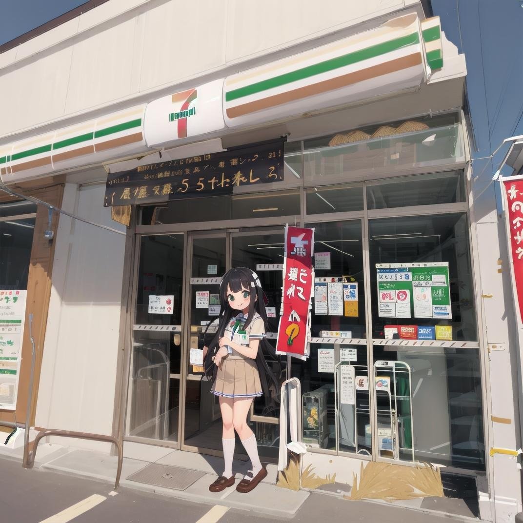 best quality, ultra-detailed, illustration,1girl, black hair, long hair, school uniform, happy, shy smile, seveneleven, konbini, scenery, storefront, japan, scenery, shop, convenience store, real world location, outdoors, building, window, sign<lora:7-Eleven_JAPAN_SD15_V1:0.8>