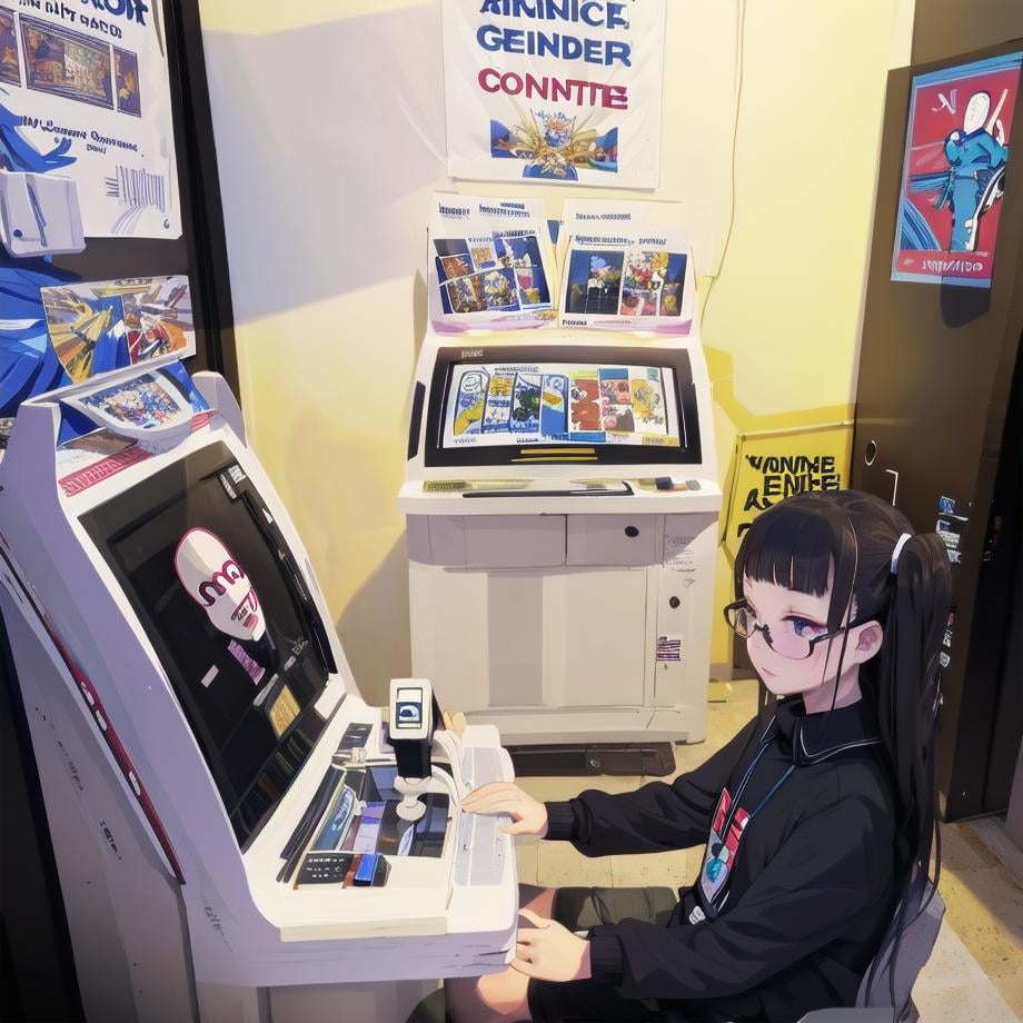 best quality, ultra-detailed, illustration,monitor, no humans, scenery, realistic, english text, science fiction, indoors, computer, keyboard (computer), poster (object) 1girl, glasses, solo, black hair, medium hair, laughing, Bomber jacket,  Cargo pants, <lora:gamecenter_SD15_V1:1>