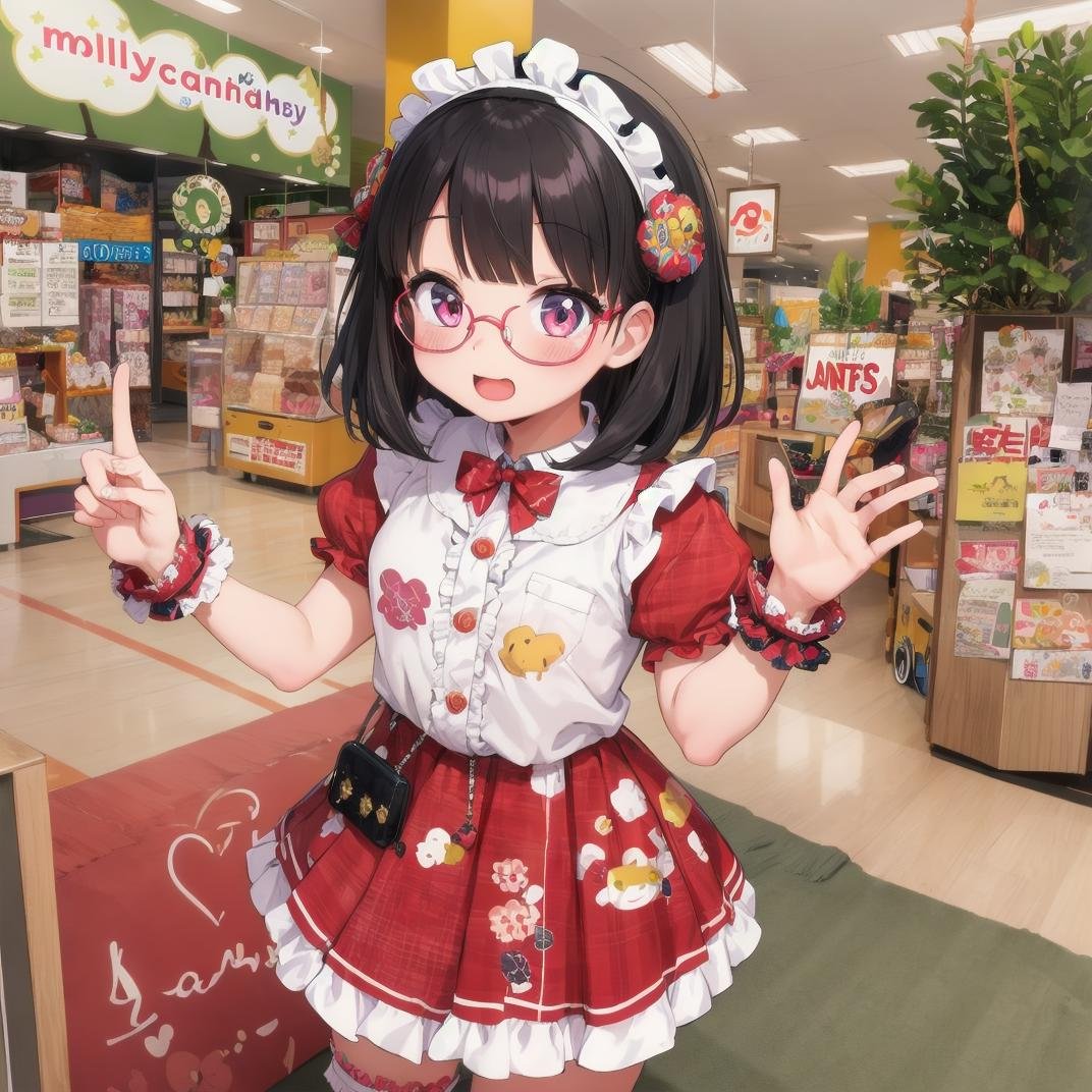 best quality, ultra-detailed, illustration,1girl,solo, black hair, medium hair, glasses, idol style, cute clothing, bright colors, playful patterns, ruffled skirts, knee-high socks, kawaii accessories, youthful designs,MollyFantasy, scenery, shop, poster (object), chair, indoors,  <lora:MollyFantasy_SD15_V1:0.6>