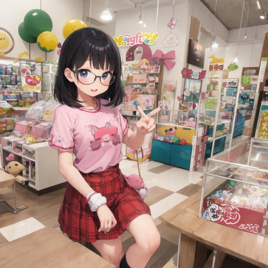 best quality, ultra-detailed, illustration,1girl,solo, black hair, medium hair, glasses, idol style, cute clothing, bright colors, playful patterns, ruffled skirts, knee-high socks, kawaii accessories, youthful designs,MollyFantasy, scenery, shop, poster (object), chair, indoors,  <lora:MollyFantasy_SD15_V1:0.6>