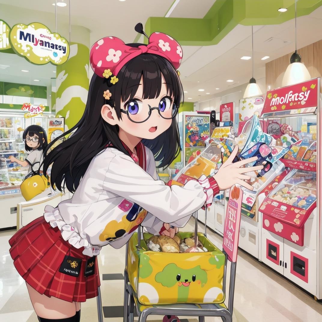 best quality, ultra-detailed, illustration,1girl,solo, black hair, medium hair, glasses, idol style, cute clothing, bright colors, playful patterns, ruffled skirts, knee-high socks, kawaii accessories, youthful designs,MollyFantasy, scenery, shop, poster (object), chair, indoors,  <lora:MollyFantasy_SD15_V1:0.8>