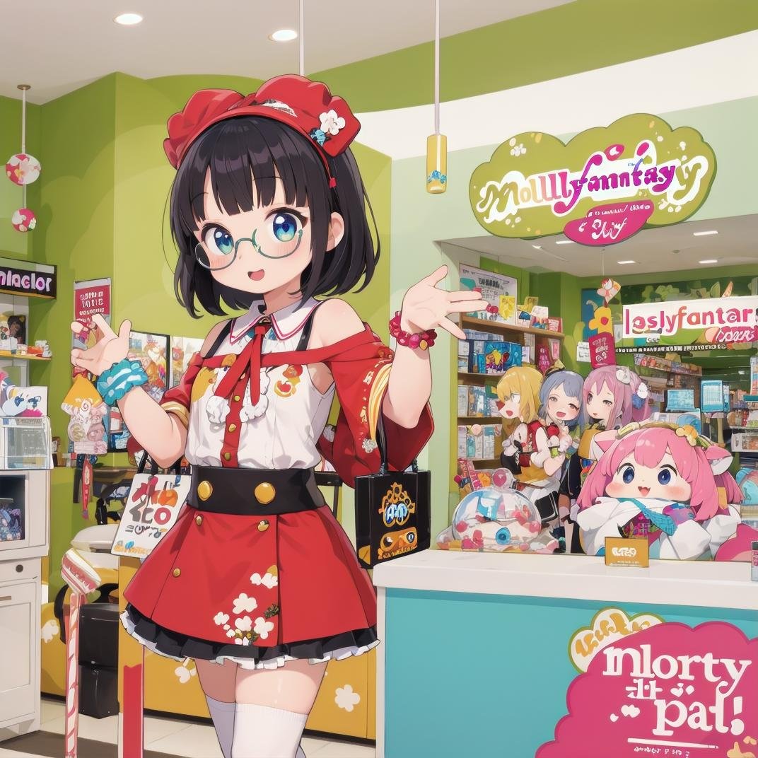 best quality, ultra-detailed, illustration,1girl,solo, black hair, medium hair, glasses, idol style, cute clothing, bright colors, playful patterns, ruffled skirts, knee-high socks, kawaii accessories, youthful designs,MollyFantasy, scenery, shop, poster (object), chair, indoors,  <lora:MollyFantasy_SD15_V1:0.8>