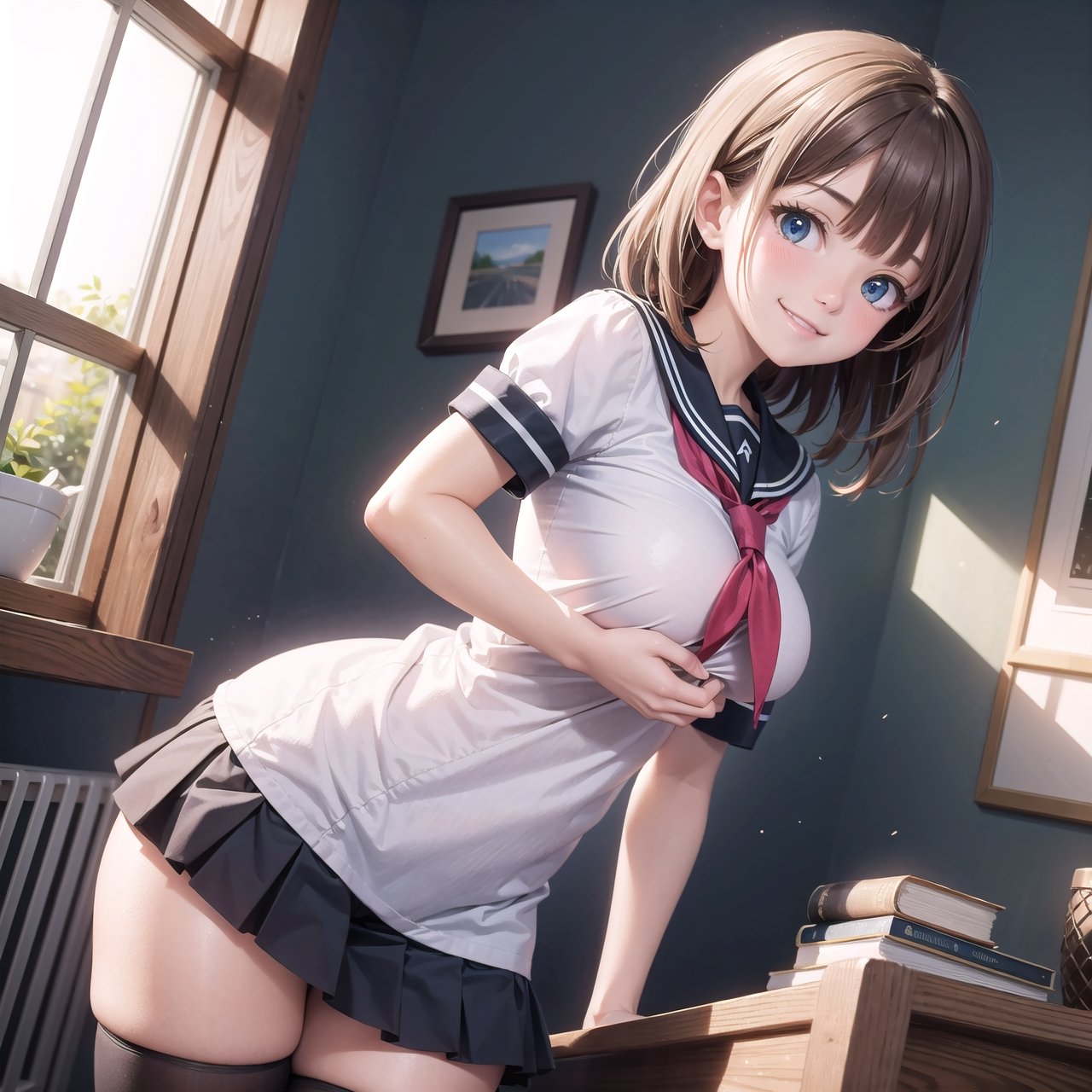 (masterpiece), indoors, sunlight, light rays, light particles, 1girl, standing, large breasts, blush, smile, brown hair, medium hair, blue eyes, serafuku, black thighhighs, dutch angle