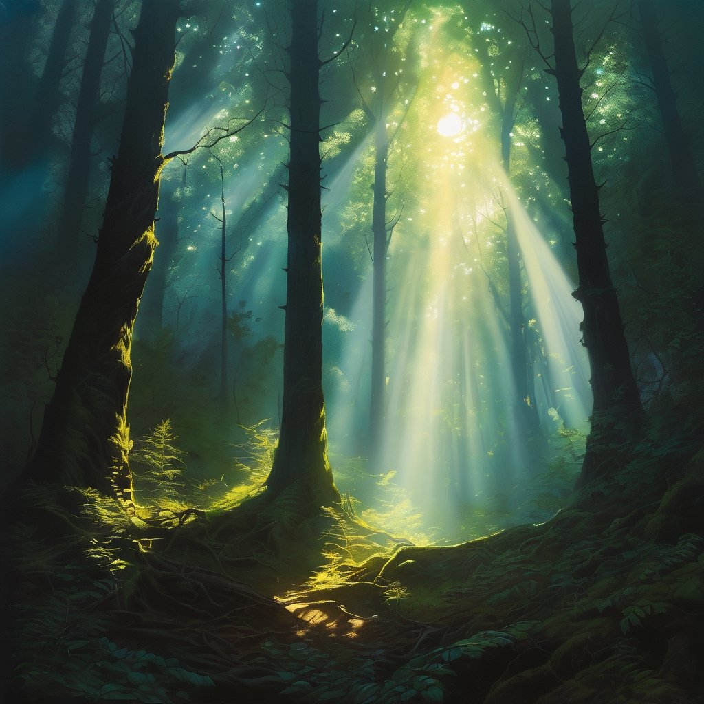 a painting of a forest with a lot of trees and a bright light coming from the sky above it, Anato Finnstark, volumetric lights, a matte painting, fantasy art,