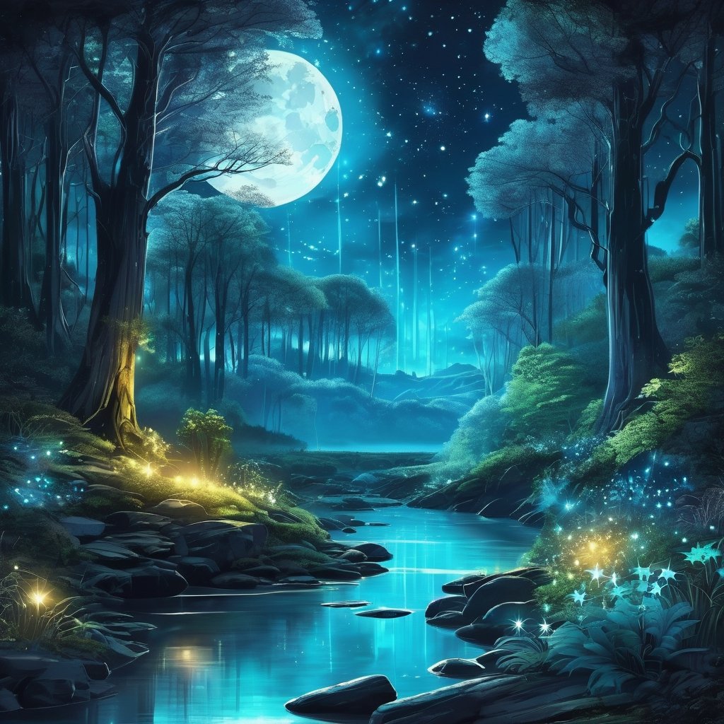 Beautiful enchanted forest illuminated at night sky full moon star bioluminescent trees rivers plants gray digital painting, cyberpunk,