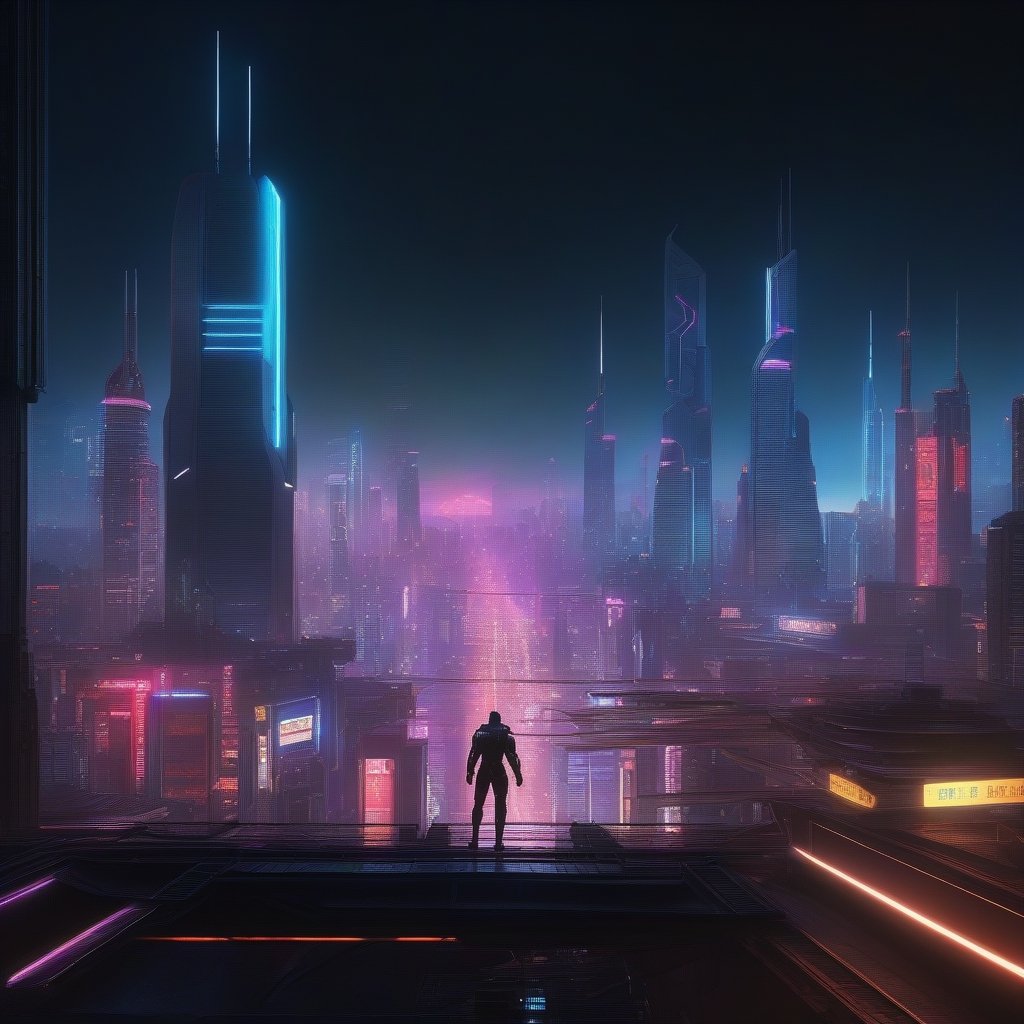 Cinematic scene, hero view, a futuristic cityscape, with towering skyscrapers and neon lights that illuminate the dark streets, action pose, detailed background, masterpiece, best quality, high quality, highres, absurdres,