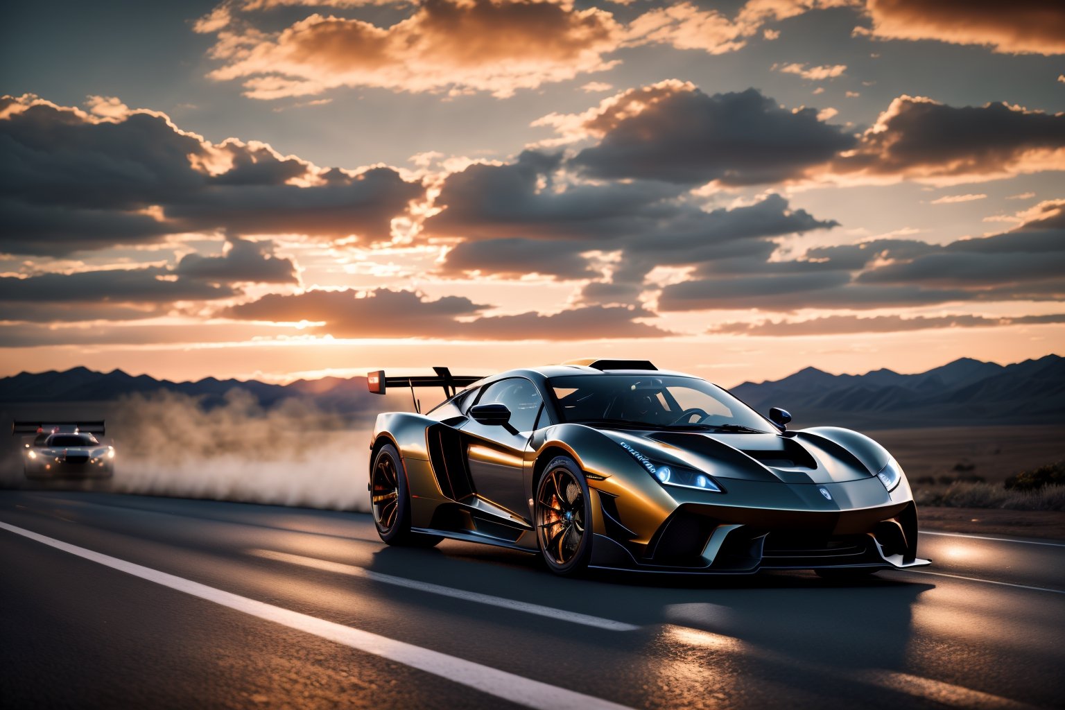 photo of a supercar, 8k uhd, high quality, road, sunset, motion blur, depth blur, cinematic, filmic image 4k, 8k with [George Miller's Mad Max style]. The image should be [ultra-realistic], with [high-resolution] captured in [natural light]. The lighting should create [soft shadows] and showcase the [raw] and [vibrant colors]