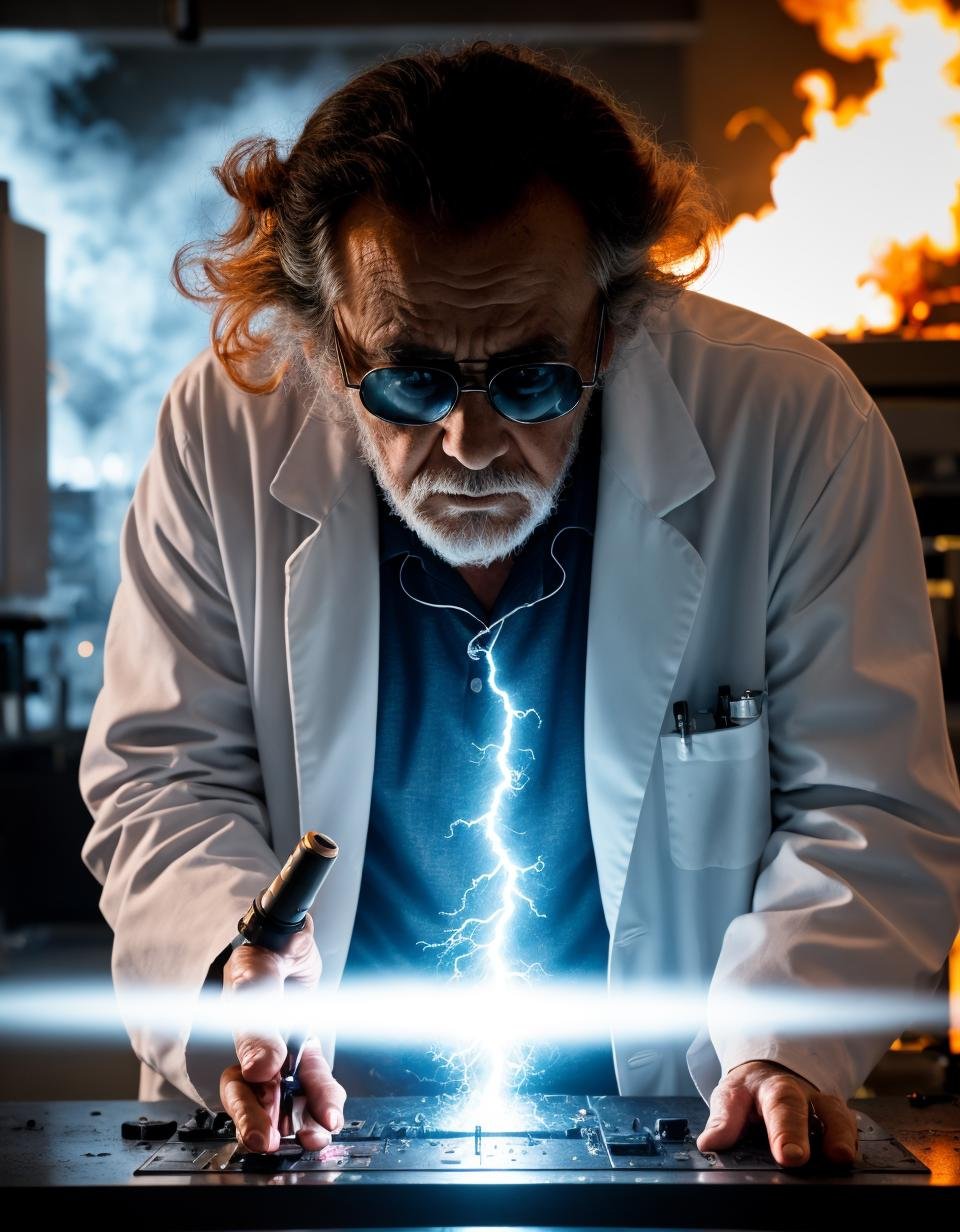 photo of a mad scientist in a lab, scene from a movie, dramatic lighting, glowing liquid, explosion , fire, lightning , close up, panic , lab coat, old man, high detail
