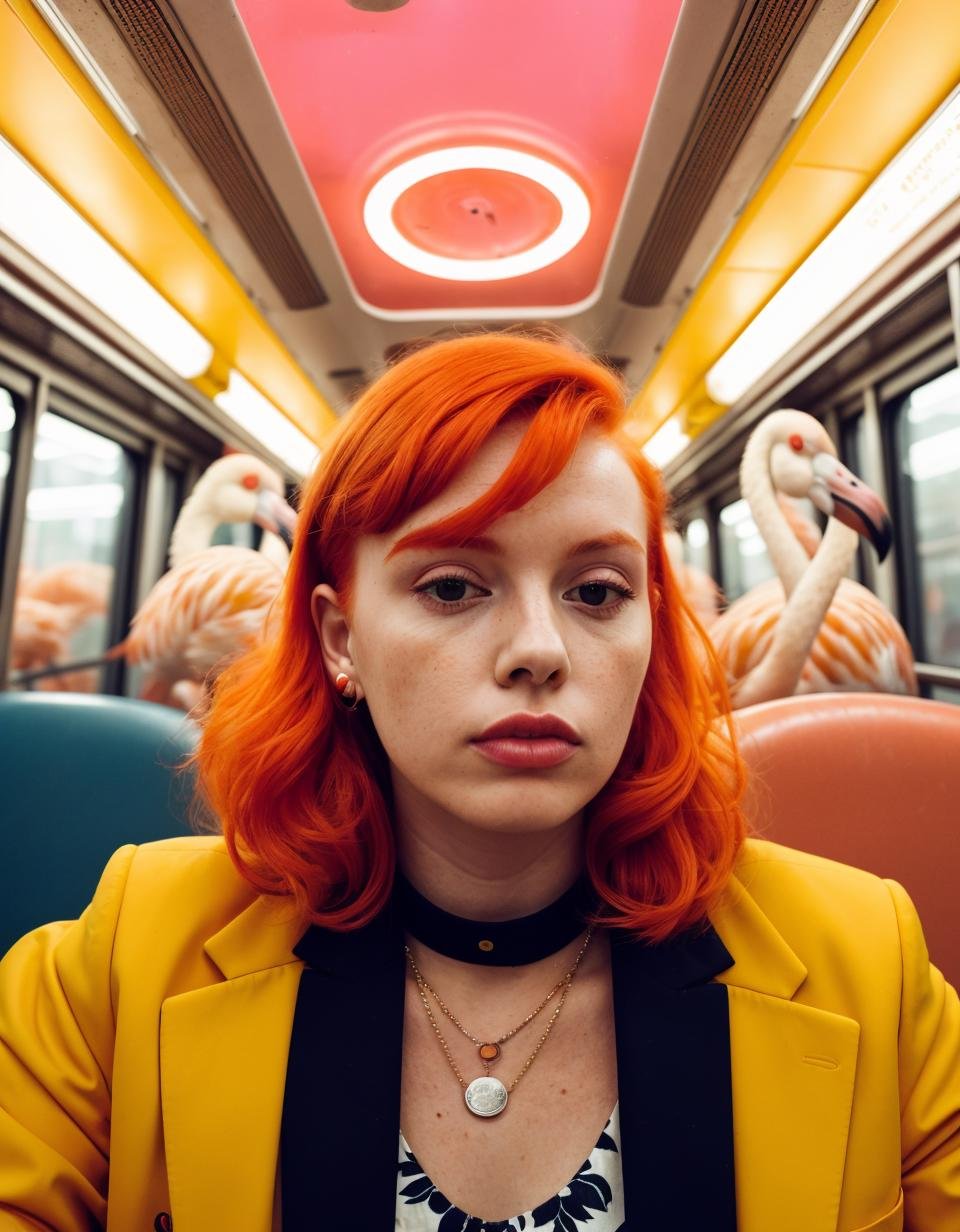 photo, woman with red hair sitting in in a train full of flamingos wearing a yellow orange high fashion outfit, very_low_angle_shot, fashion, neon lights, cinematic, shot on Afga Vista 400, 35mm, natural skin, close up
