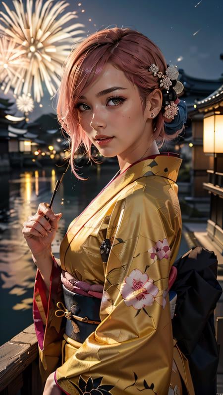 (best quality, masterpiece, colorful, dynamic angle, highest detailed) Realistic photo, fashion photography of a cute french girl with iridiscent pink hair, flirting with POV, in traditional japanese gold&black kimono, ultra detailed kimono textures, night, kyoto, fireworks, (intricate details, hyperdetailed:1.15), detailed, moonlight passing through hair, (official art, extreme detailed, highest detailed),
