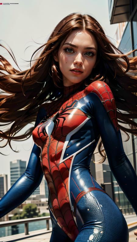 (best quality, masterpiece, colorful, dynamic angle, highest detailed) upper body photo, fashion photography of cute, intense red long hair, \Mary Jane\ in spiderman suit, (ultrahigh resolution textures), in dynamic pose, bokeh, glowing web, (intricate details, hyperdetailed:1.15), detailed, light passing through hair, colorful art flat background, (official art, extreme detailed, highest detailed),