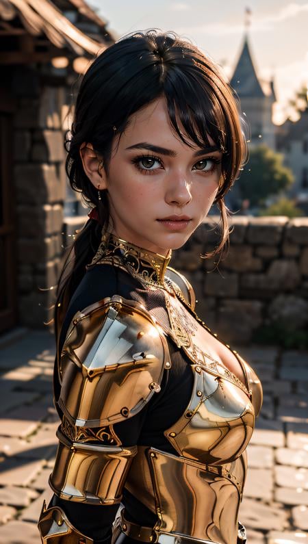 Portrait of a girl, the most beautiful in the world, (medieval gold armor), metal reflections, upper body, outdoors, intense sunlight, far away castle, professional photograph of a stunning woman detailed, perfect bobbed sexy intense black hair, sharp focus, dramatic, award winning, cinematic lighting, volumetrics dtx, (film grain, blurry background, blurry foreground, bokeh, depth of field, sunset,interaction, Perfect chainmail), (masterpiece), (extremely intricate:1.3), (ultra realistic),