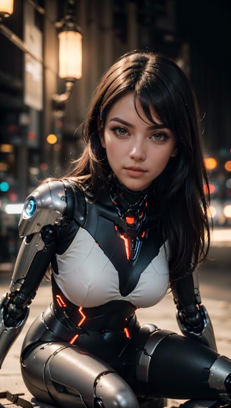 (best quality, masterpiece, colorful, dynamic angle, highest detailed)upper body photo, full body photo, fashion photography of cute 1girl, mechanical arms, cyborg, dark mood, dystopia, glowing, looking at viewer, sitting, long hair, bokeh (intricate details, hyperdetailed:1.15), detailed, light passing through hair, (official art, extreme detailed, highest detailed), upper body, collarbone, focus face, perfect face, focus face, perfect face,