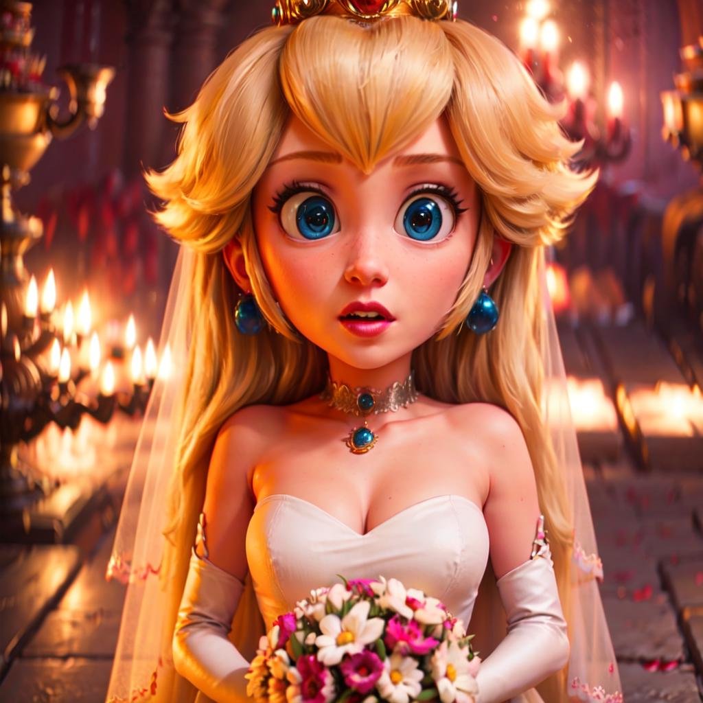 <lyco:SM(120R):1>Princess Peach wearing a wedding outfit in the style of SM