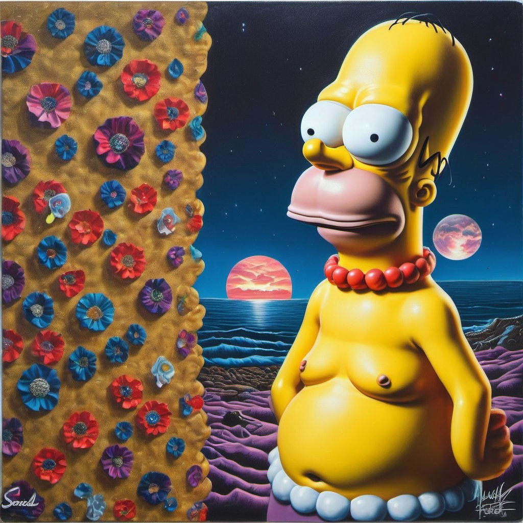 epic portrait of homer, Climbing, Frilled Bouffant hairstyle, Suspicious Keychain, Psychadelic Department store Tattoo, at Nighttime, Cozy, Gel lighting, F/5, Primary Colors, delicate, [art by Sardax:art by Sandra Chevrier:13], <lora:dalle-000007:0.79>