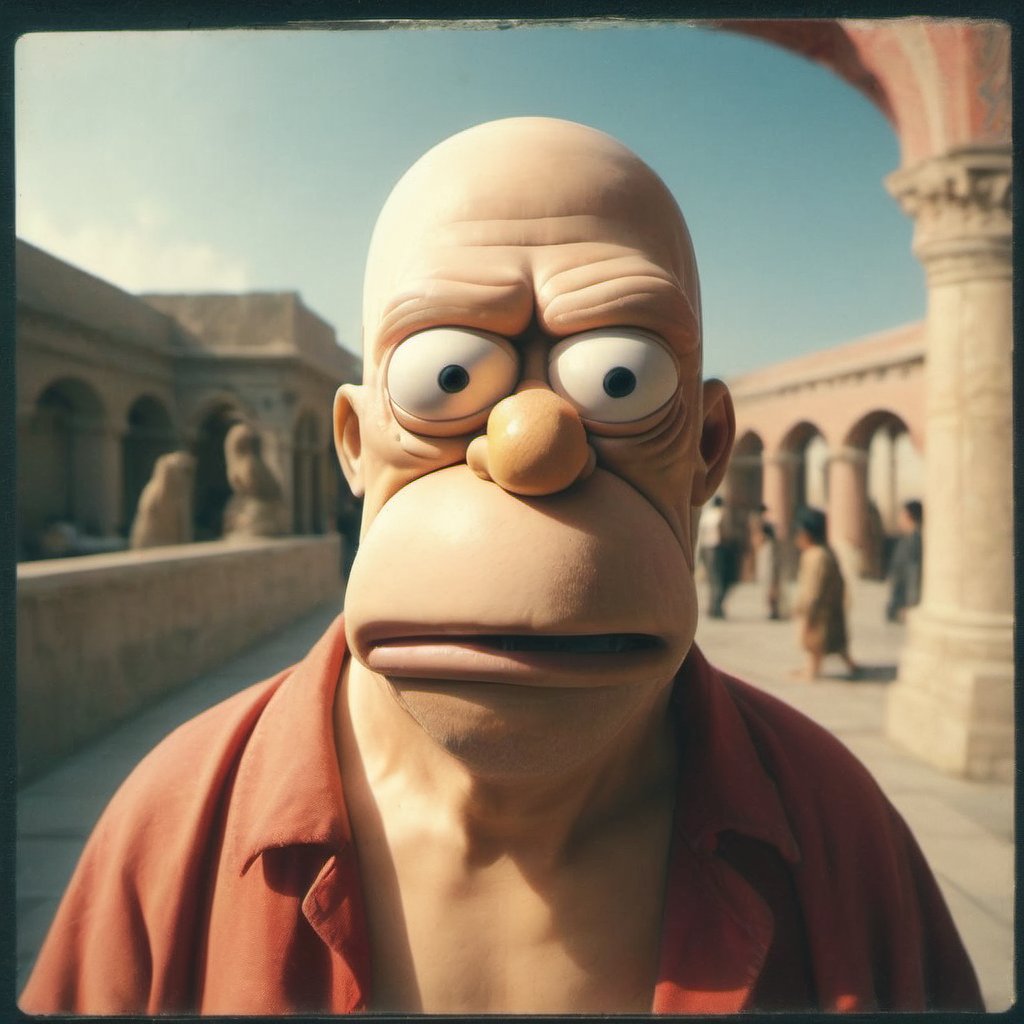 art by Peter Chung, plump (epic portrait of homer:1.1) , Tai chi, Blindfold, Eyeliner, Scars, Average Red Square in background, Sun in the sky, split diopter, Anime screencap, Surprising, majestic, Arts and Crafts Movement, cinematic lighting, Depth of field 270mm, Instax, under water, <lora:dalle-000007:0.79>