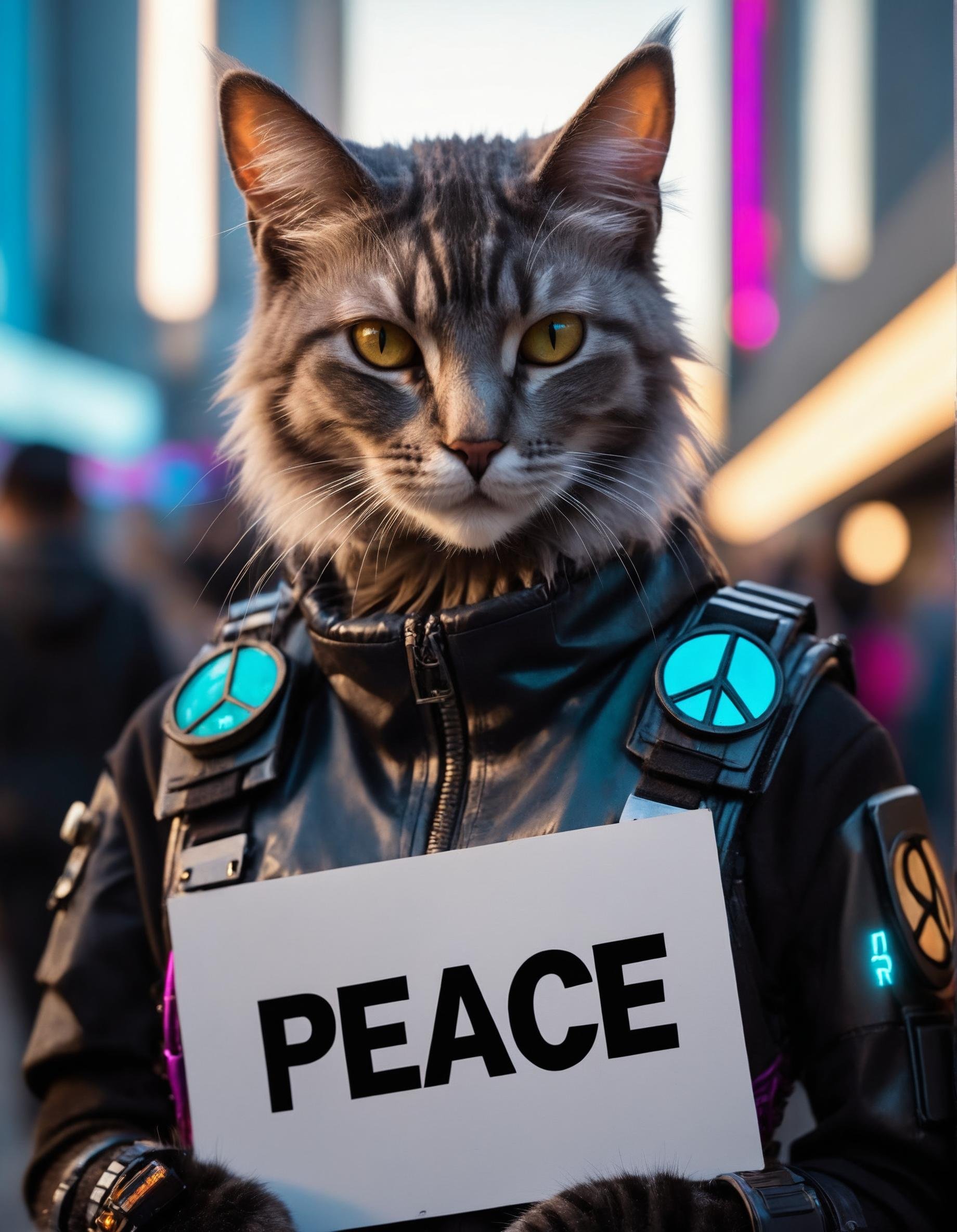 (cat), (cyberpunk outfit:1.2), protest, holding a sign with the text "peace", ((close up:1.1)), high quality photography, 3 point lighting, flash with softbox, 4k, Canon EOS R3, hdr, smooth, sharp focus, high resolution, award winning photo, 80mm, f2.8, bokeh