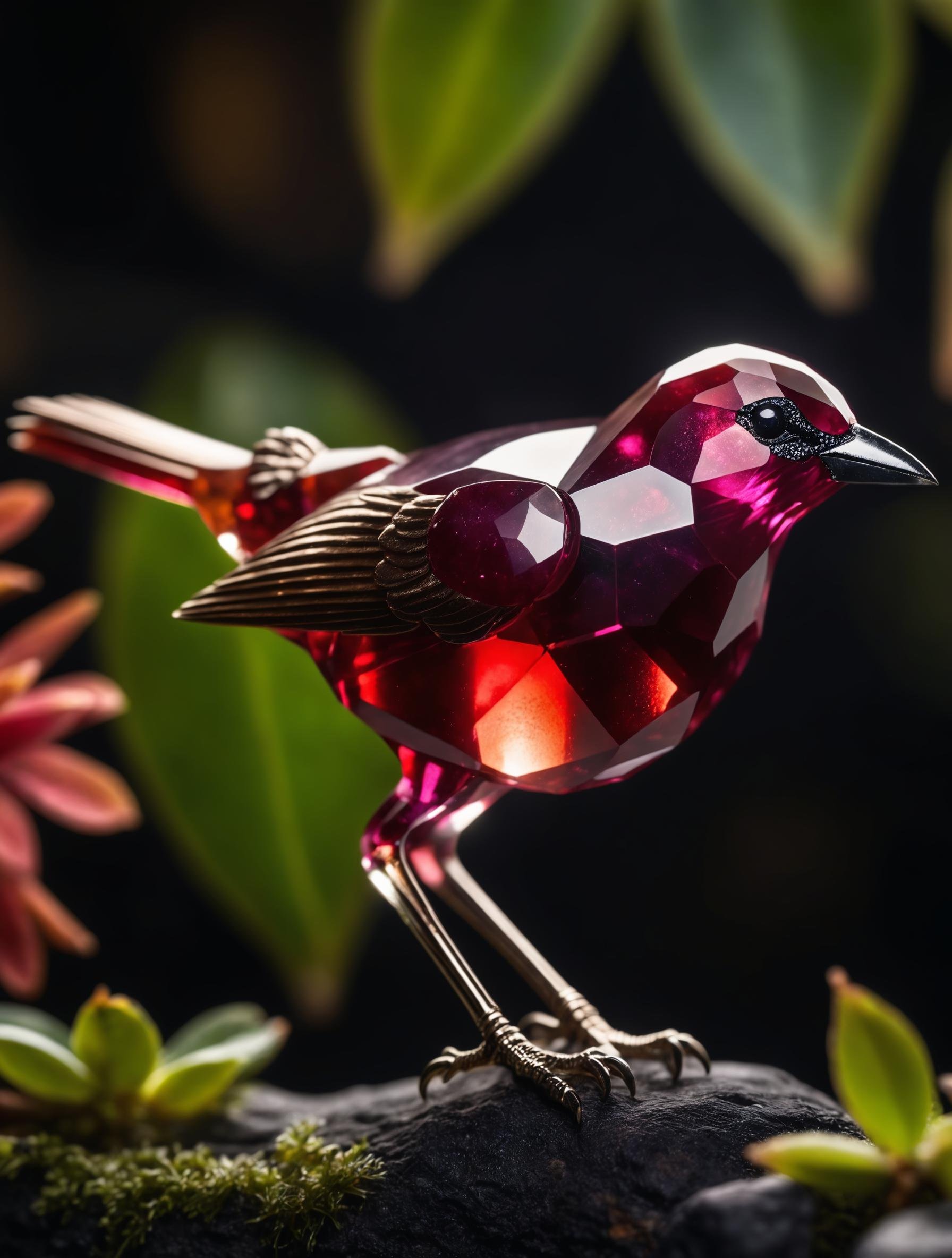 a rubin gemstone bird, translucent, high quality photography, 3 point lighting, flash with softbox, 4k, Canon EOS R3, hdr, smooth, sharp focus, high resolution, award winning photo, 80mm, f2.8, bokeh