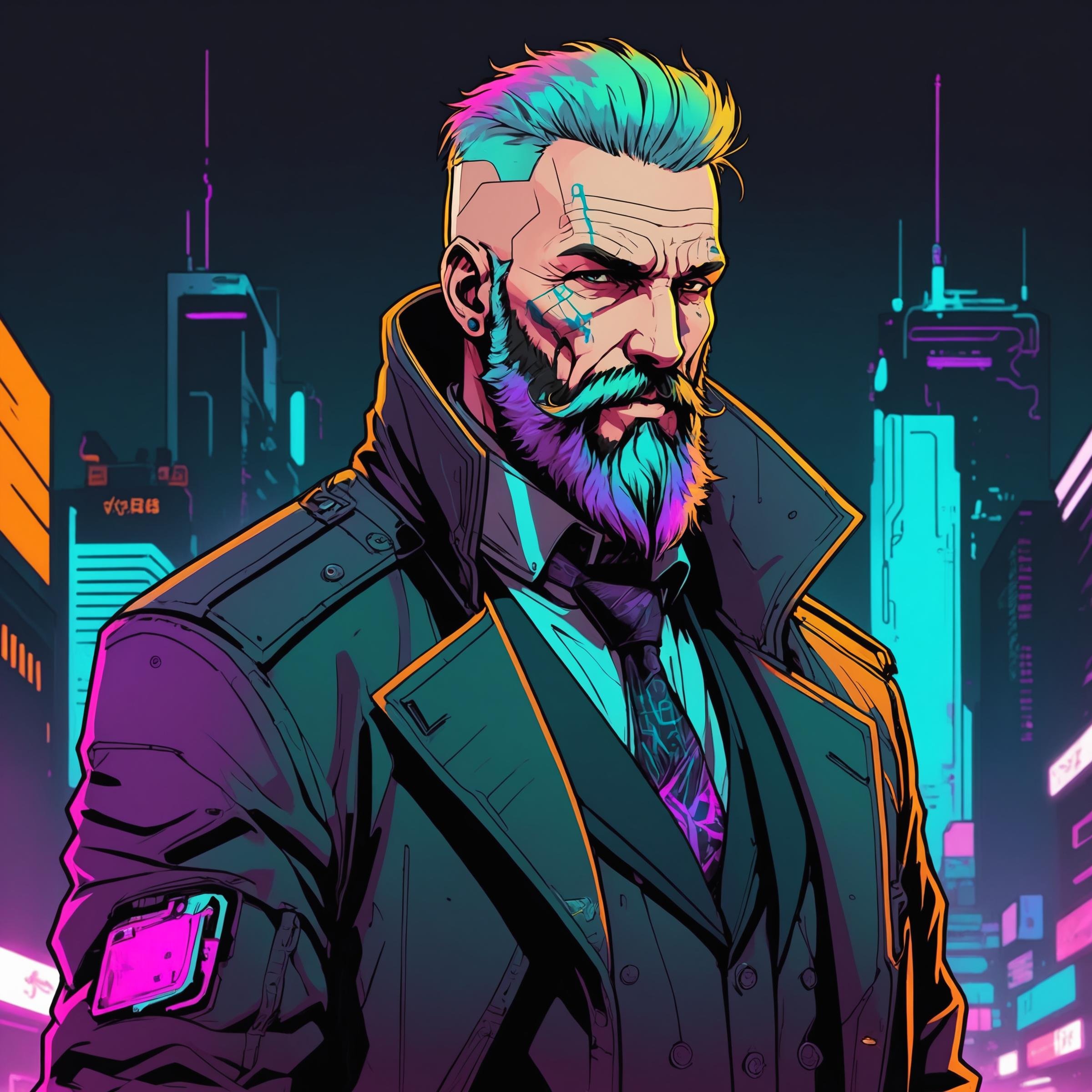 (line art art), 2D, a old hitman, beard, cyberpunk, cyberpunk outfit, man, colorful