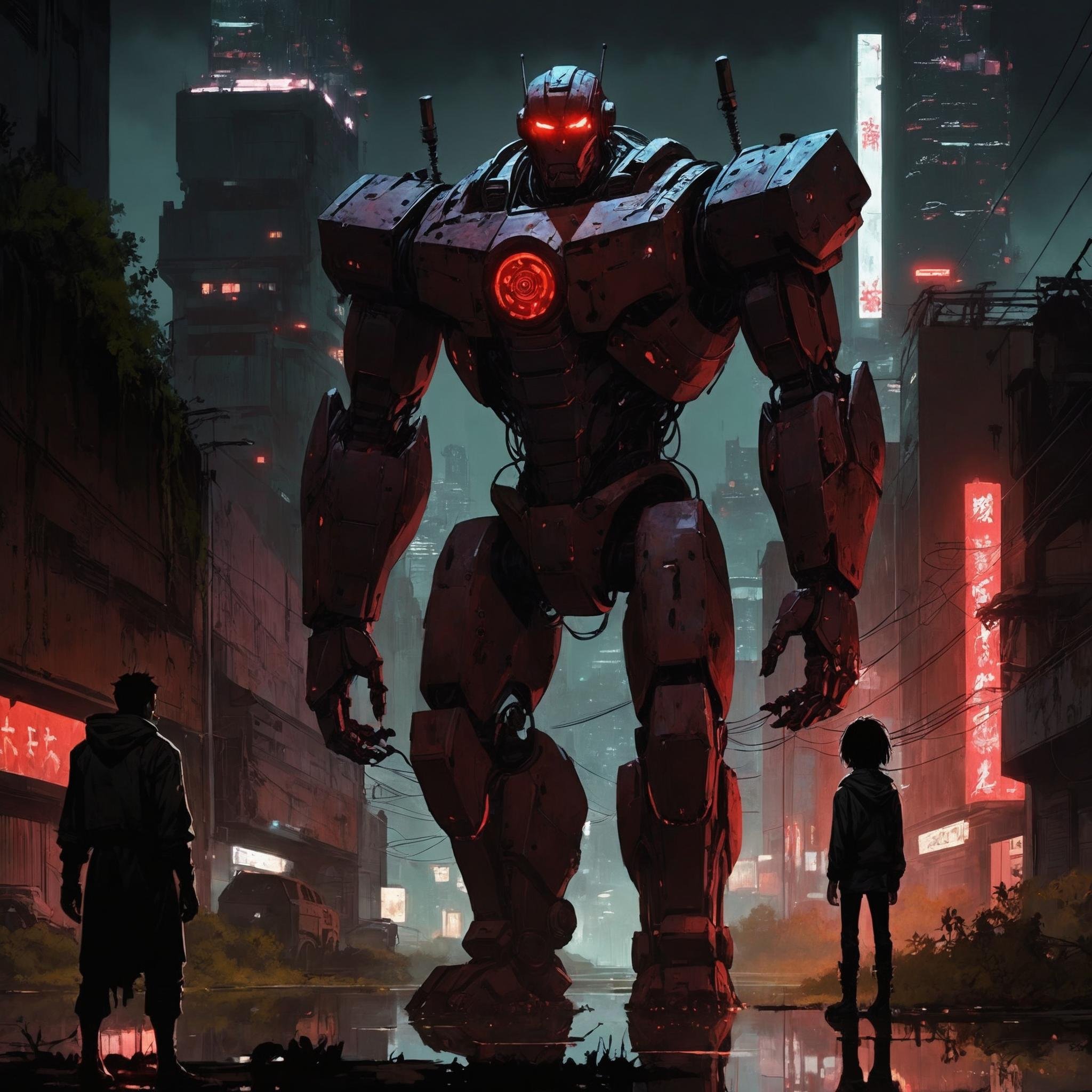 dark anime, Colossus, looks at viewer, ((giant robot coloss)), rust, decay, ((overgrown)), horror, red glowing eys, dark cyberpunk city, night, reflective puddles