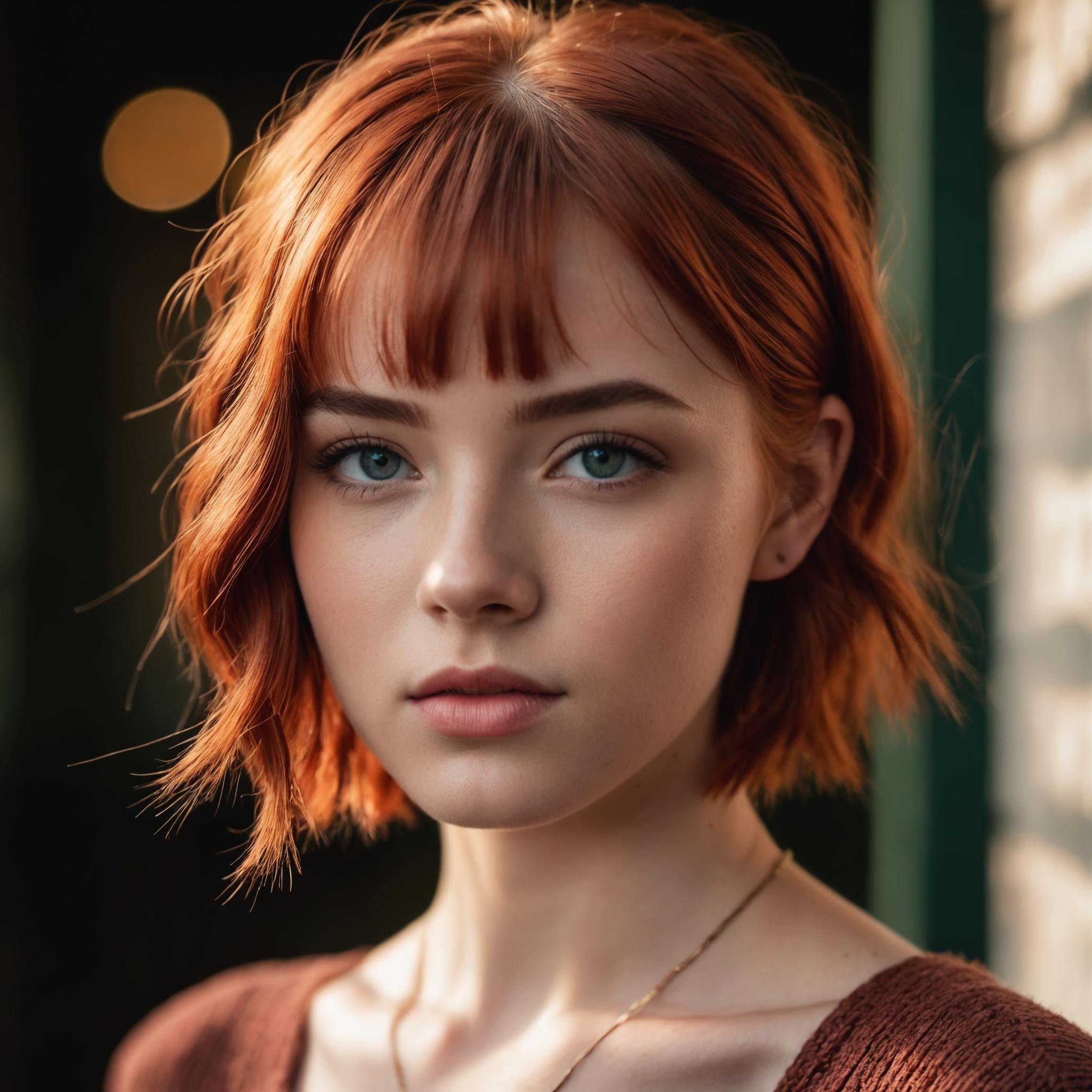 photo of 18 y.o woman, perfect eyes, short red hair, braid, looks at viewer, cinematic shot, hard shadows, RAW candid cinema, 16mm, color graded portra 400 film, remarkable color, ultra realistic, textured skin, remarkable detailed pupils, realistic dull skin noise, visible skin detail, skin fuzz, dry skin, shot with cinematic camera, high quality photography, 3 point lighting, flash with softbox, 4k, Canon EOS R3, hdr, smooth, sharp focus, high resolution, award winning photo, 80mm, f2.8, bokeh