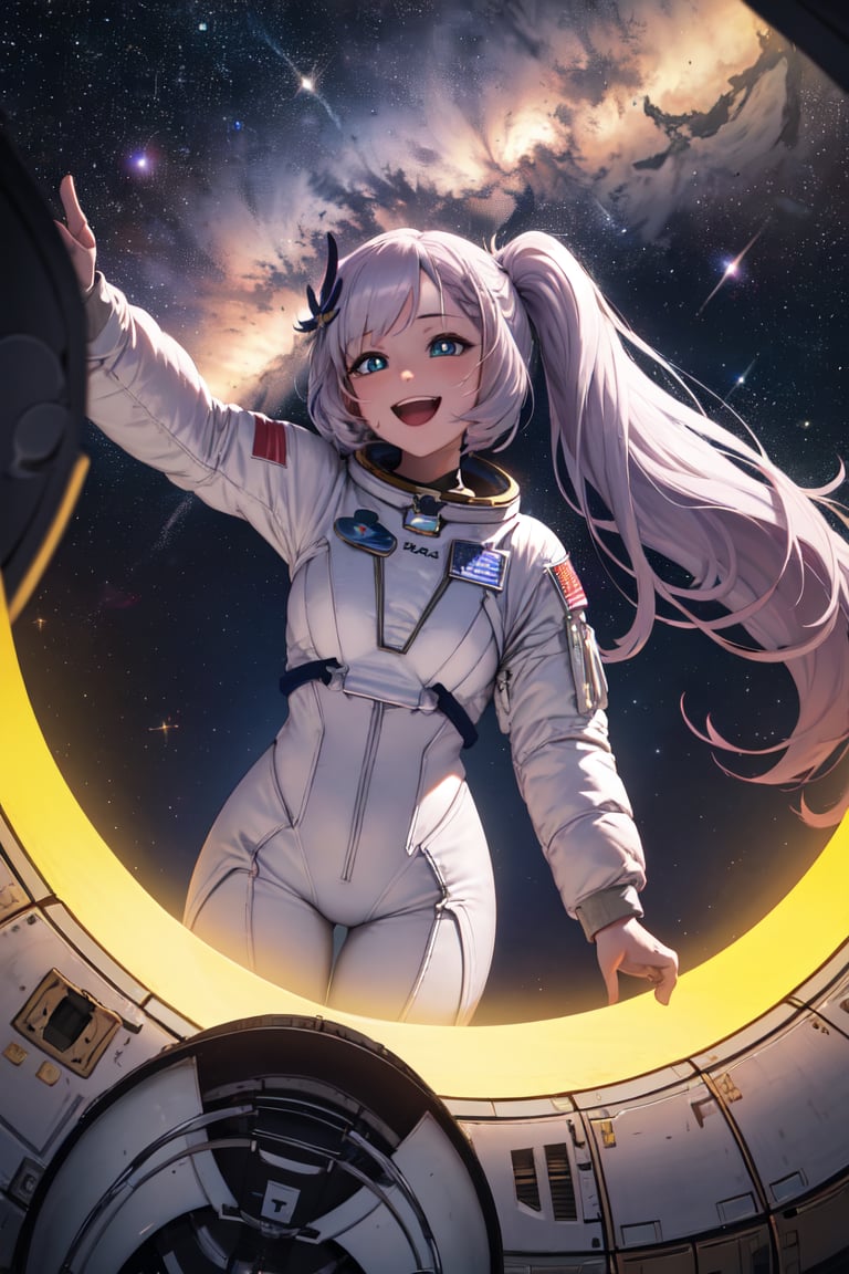 masterpiece, best quality, absurdres, perfect anatomy, PavoliaReine, bright pupils, long hair, side ponytail, feather hair ornament, astronaut suit, dutch angle, wide shot, smile, laughing, window, space station, planet, earth, galaxy, space, universe, star, milky way, nebula, <lora:CHAR-PavoliaReineV2:0.8>