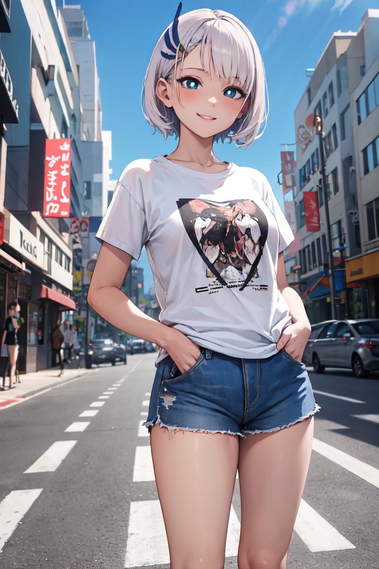 masterpiece, best quality, absurdres, perfect anatomy, PavoliaReine, bright pupils, short hair, feather hair ornament, t-shirt, denim shorts, standing, outdoors, city, hands in pockets, smile, <lora:CHAR-PavoliaReineV2:0.8>