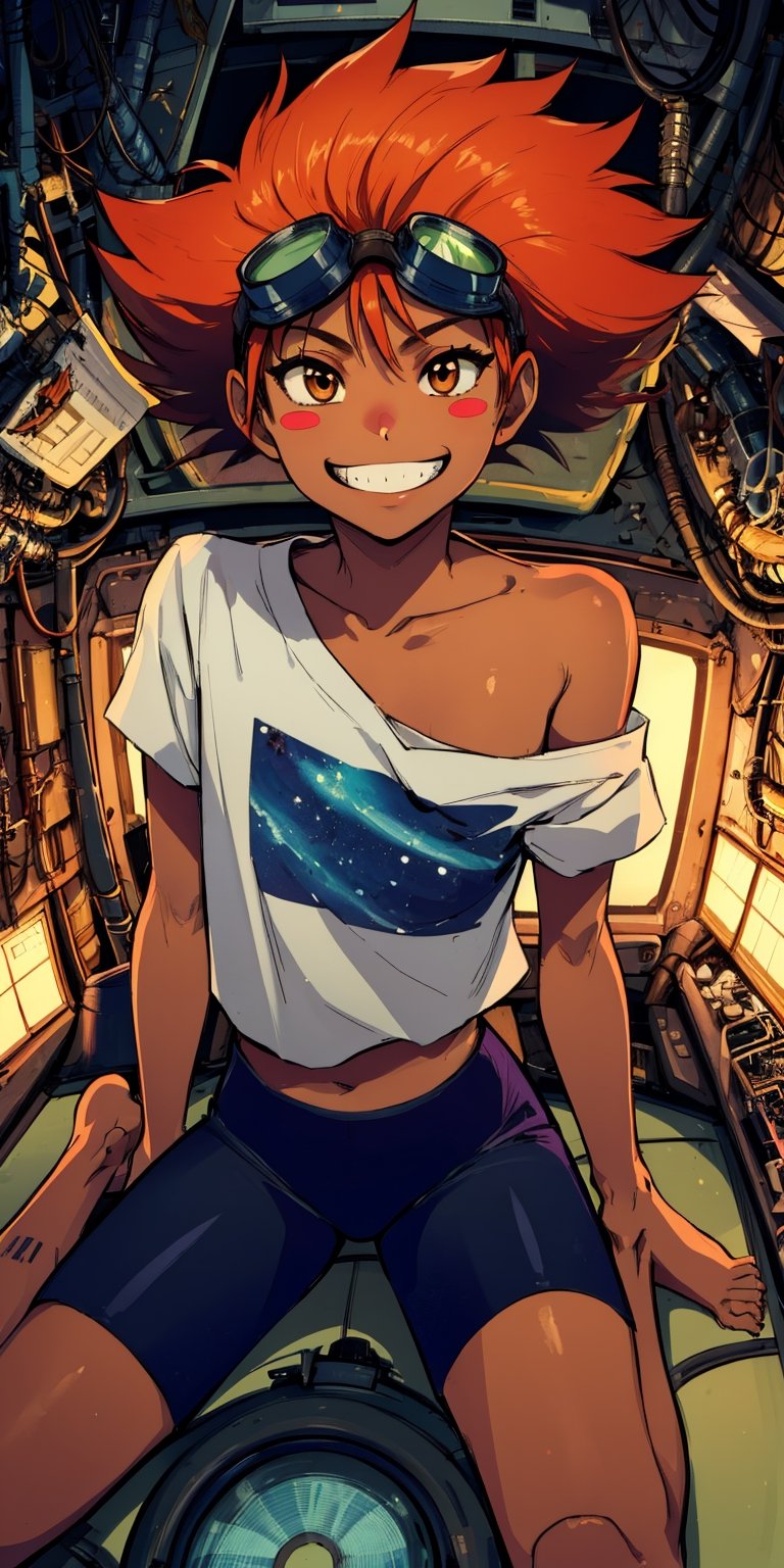 Edward,  tan skin, tomboy, midriff, orange hair, (white loose shirt), off shoulder, spiked hair, barefoot, bike shorts, brown eyes, goggles on head, blush stickers, grin,  
space station, engine room, 
 (insanely detailed, beautiful detailed face, masterpiece, best quality)  volumetric lighting, best quality, masterpiece, intricate details, tonemapping, sharp focus, hyper detailed 