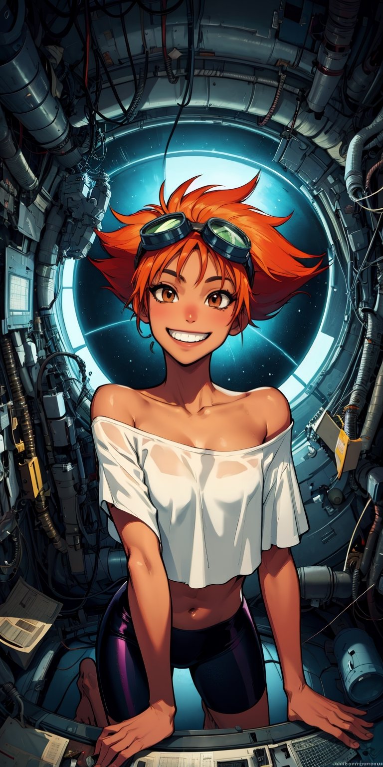 Edward,  tan skin, tomboy, midriff, orange hair, (white loose shirt), off shoulder, spiked hair, barefoot, bike shorts, brown eyes, goggles on head, grin,   upper body, 
space station, engine room, 
 (insanely detailed, beautiful detailed face, masterpiece, best quality)  volumetric lighting, best quality, masterpiece, intricate details, tonemapping, sharp focus, hyper detailed 