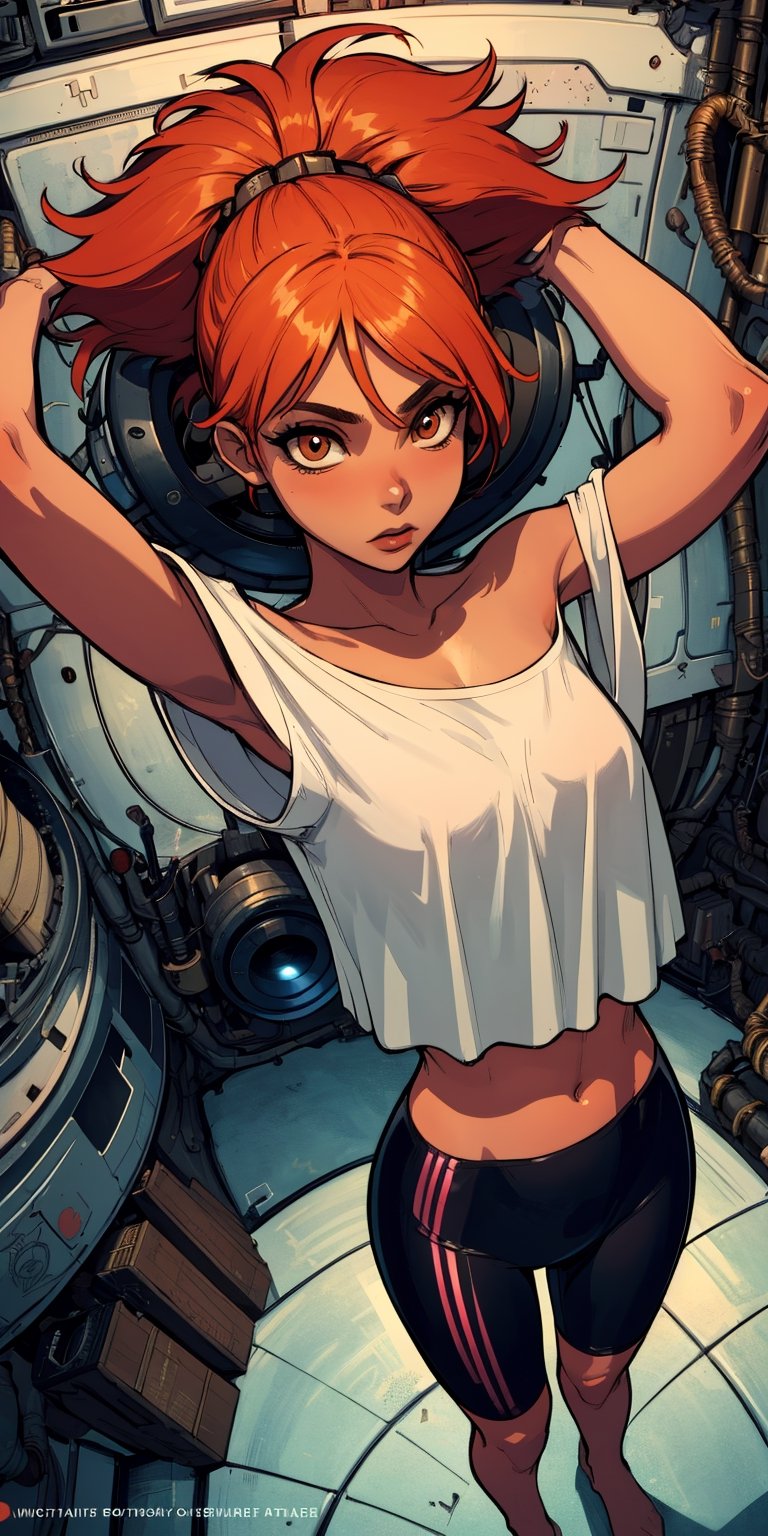 Edward,  midriff, orange hair, (white loose shirt), off shoulder, arms up, 
bike shorts, brown eyes, toned,   pose, 
 space station, engine room, 
standing,  upper body,  from above, 
 (insanely detailed, beautiful detailed face, masterpiece, best quality
 