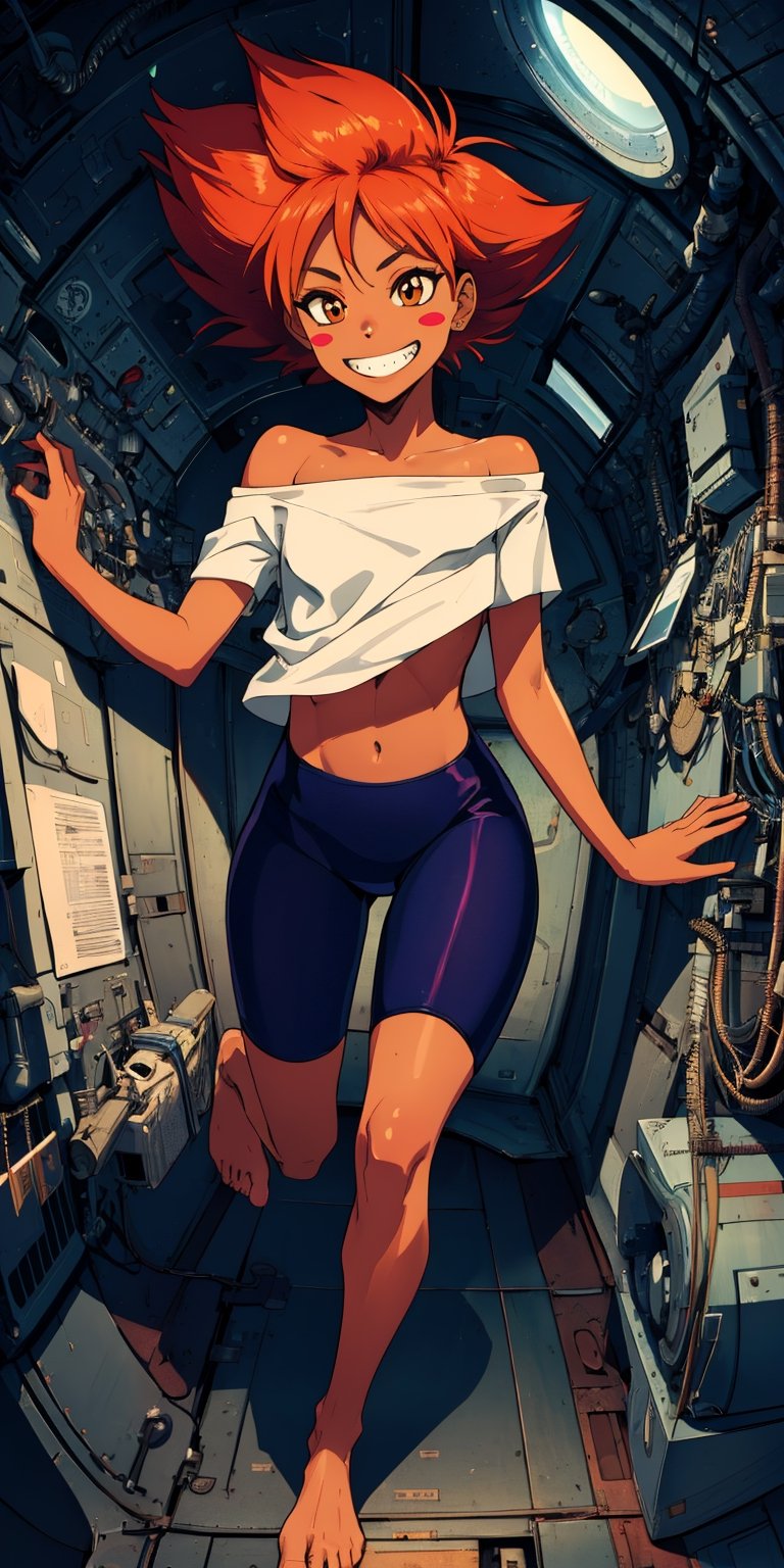 Edward,  tan skin, tomboy, midriff, orange hair, (white loose shirt), off shoulder, spiked hair, barefoot, bike shorts, brown eyes, goggles on head, blush stickers, grin, balancing on one leg,  full body, 
space station, engine room, 
 (insanely detailed, beautiful detailed face, masterpiece, best quality)  volumetric lighting, best quality, masterpiece, intricate details, tonemapping, sharp focus, hyper detailed 