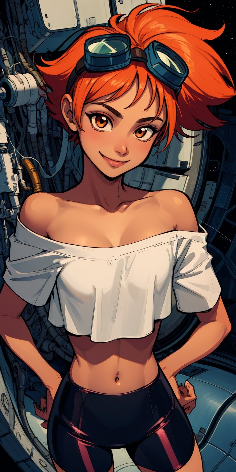 Edward,  midriff, orange hair, (white loose shirt), off shoulder, 
bike shorts, brown eyes, goggles on head, 
smile, space station, engine room, hands on hips, 
standing,  upper body, 
 (insanely detailed, beautiful detailed face, masterpiece, best quality
 ,