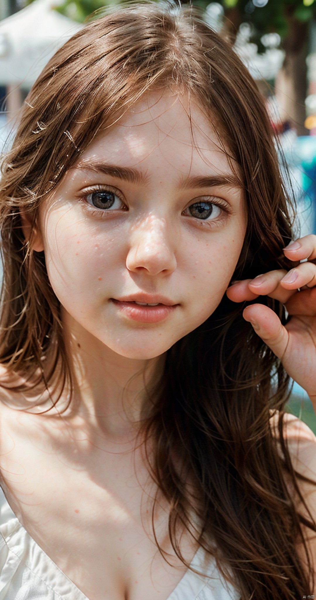 (long brown hair),outdoor,((fair white skin))、(close up),(original photography:1.5),a girl, ((White skin))、 ((Exquisite and perfect beautiful face,delicate eyes、double eyelids)),young girl, realism