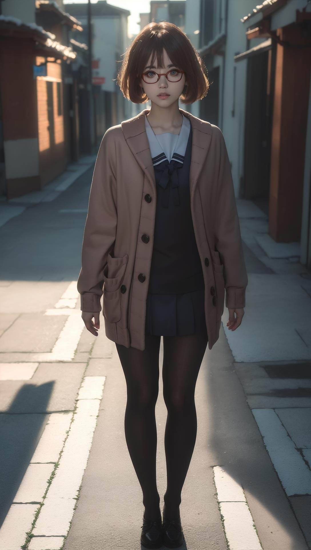 (8k, RAW photo, best quality, masterpiece:1.2), (realistic, photo-realistic:1.37), ultra highres, depth of field, chromatic aberration, caustics, Broad lighting, natural shading,Fujifilm XT3,masterpiece,ultra detailed,Winter clothes,1girl, solo,standing, looking at viewer,full body,outdoors,  <lora:Kuriyama Mirai Winter clothes_01:1>