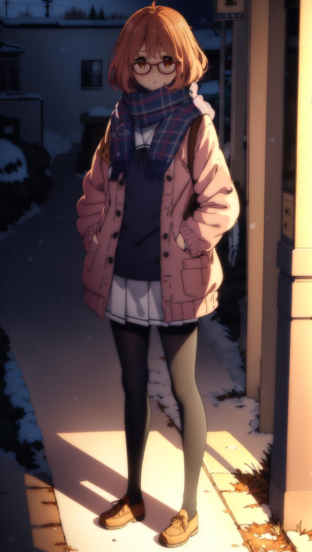 ((((ultra illustrated style:1.0)))),best quality,best animated,masterpiece,ray tracing, global illumination,Winter clothes scarf,1girl, solo, standing, looking at viewer, full body, outdoors,  <lora:Kuriyama Mirai harem outfit Winter clothes scarf track suit:0.9>