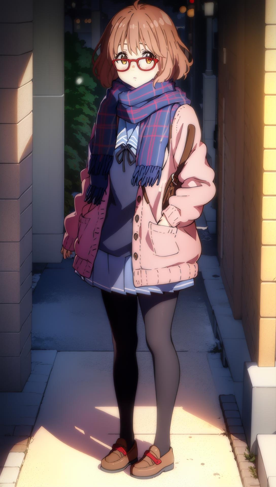 ((((ultra illustrated style:1.0)))),best quality,best animated,masterpiece,ray tracing, global illumination,Winter clothes scarf,1girl, solo, standing, looking at viewer, full body, outdoors,  <lora:Kuriyama Mirai harem outfit Winter clothes scarf track suit:0.9>