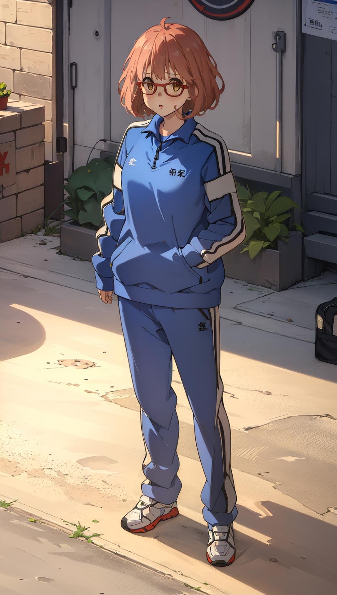 ((((ultra illustrated style:1.0)))),best quality,best animated,masterpiece,ray tracing, global illumination,track suit,1girl, solo, standing, looking at viewer, full body, outdoors,  <lora:Kuriyama Mirai harem outfit Winter clothes scarf track suit:0.9>