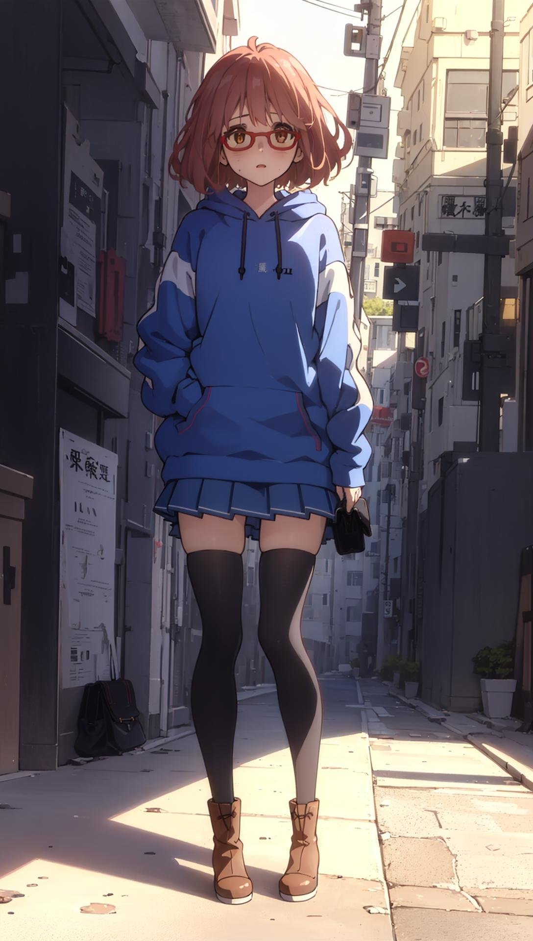 ((((ultra illustrated style:1.0)))),best quality,best animated,masterpiece,ray tracing, global illumination,Kuriyama Mirai,1girl, solo,full body,hoodie,pleated skirt,zettai ryouiki,boots, shy,city, street,building, <lora:Kuriyama Mirai harem outfit Winter clothes scarf track suit:0.9>