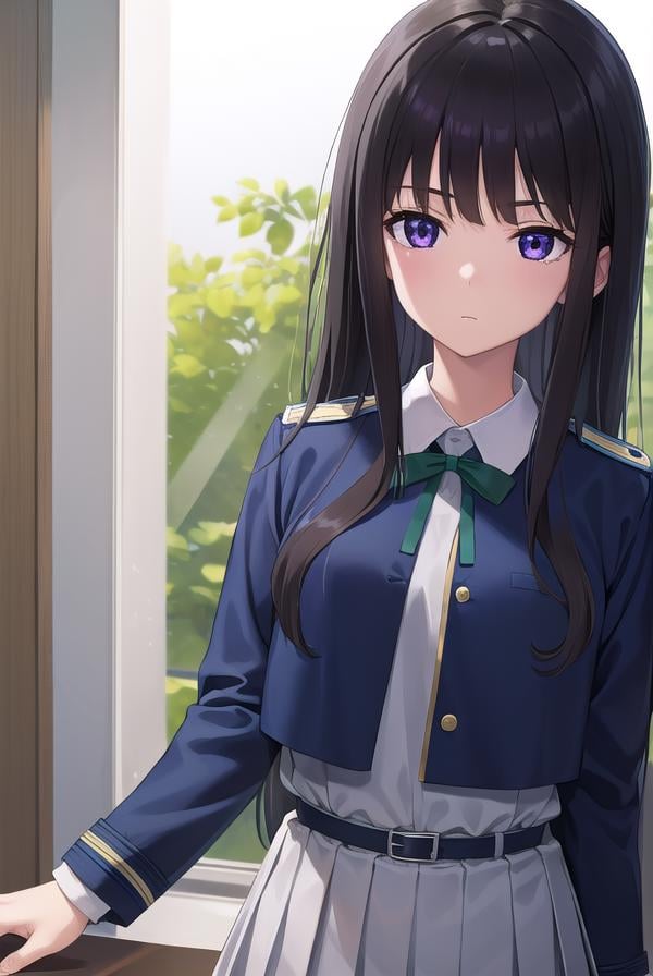 takinainoue, <lora:takinainoue-lora-nochekaiser:1>, inoue takina, long hair, bangs, black hair, (purple eyes:1.2),BREAK shirt, long sleeves, dress, ribbon, school uniform, white shirt, collared shirt, belt, neck ribbon, blue dress, green ribbon, pleated dress, grey dress, two-tone dress, blue belt, lycoris uniform,BREAK indoors, restaurant,BREAK looking at viewer, (cowboy shot:1.5),BREAK <lyco:GoodHands-beta2:1>, (masterpiece:1.2), best quality, high resolution, unity 8k wallpaper, (illustration:0.8), (beautiful detailed eyes:1.6), extremely detailed face, perfect lighting, extremely detailed CG, (perfect hands, perfect anatomy),